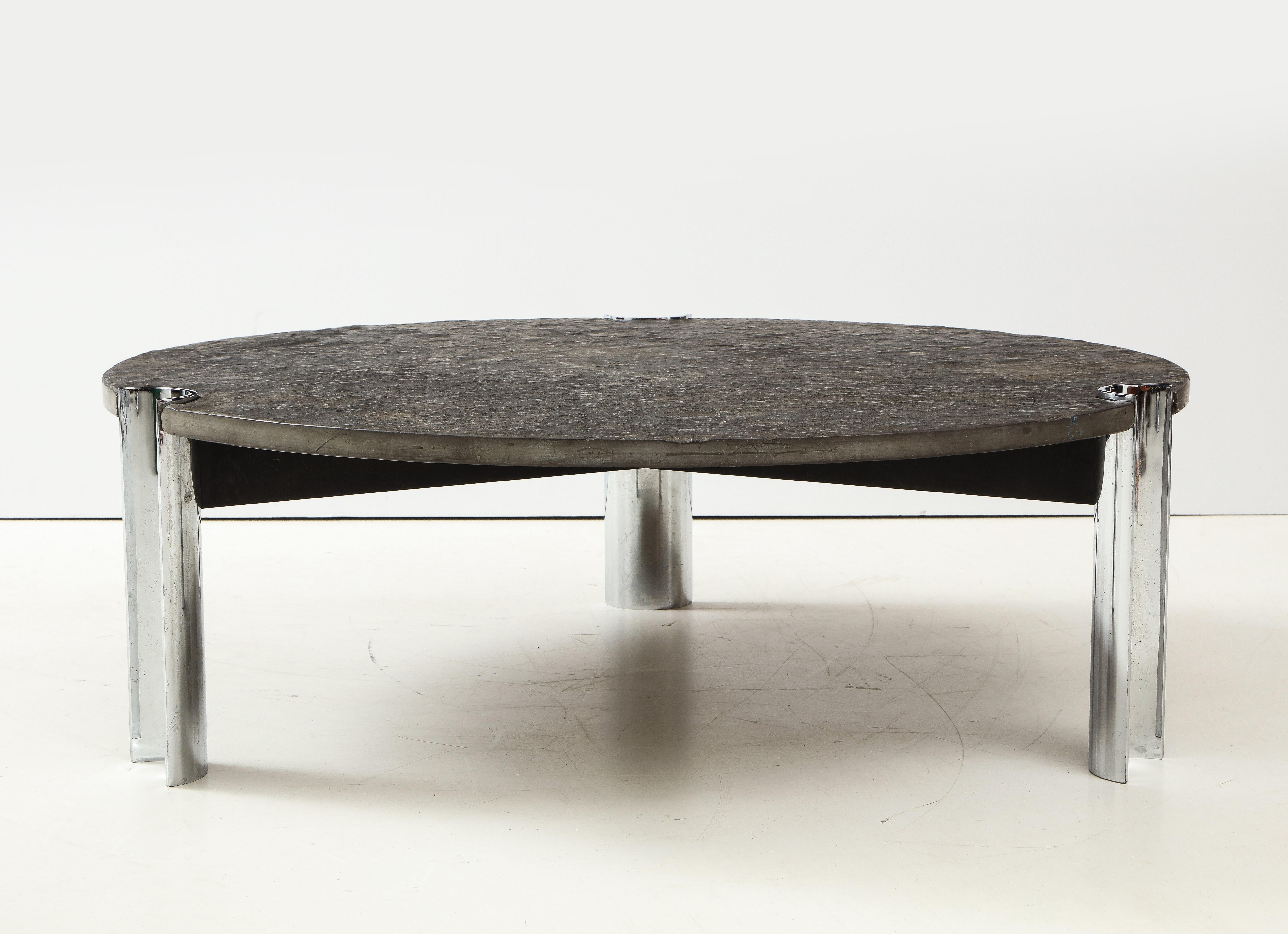 Mid-Century Limestone and Chrome Coffee Table with Fossils, Brazil, c. 1970s For Sale 6