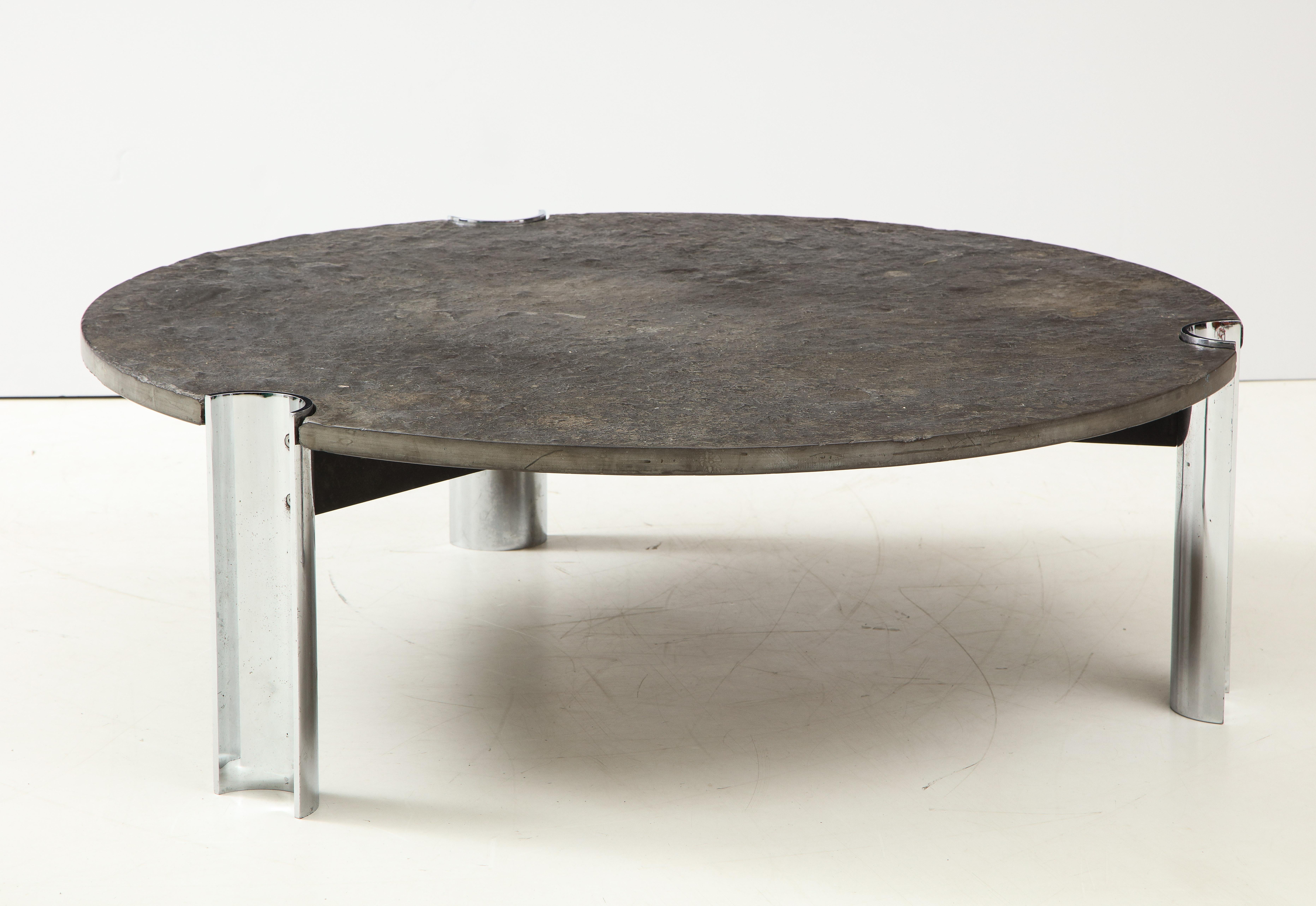 Mid-Century Limestone and Chrome Coffee Table with Fossils, Brazil, c. 1970s For Sale 11