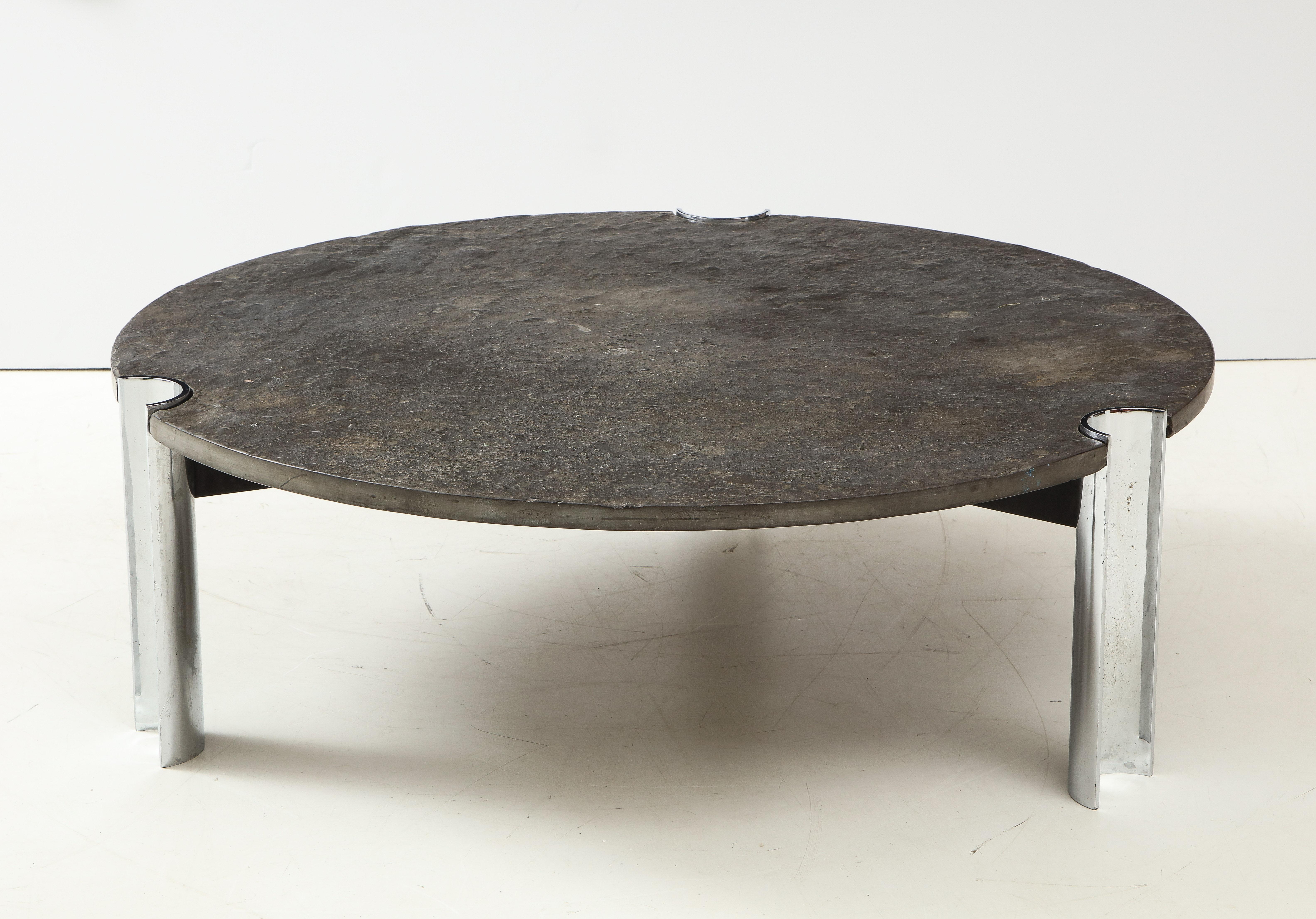 Late 20th Century Mid-Century Limestone and Chrome Coffee Table with Fossils, Brazil, c. 1970s For Sale