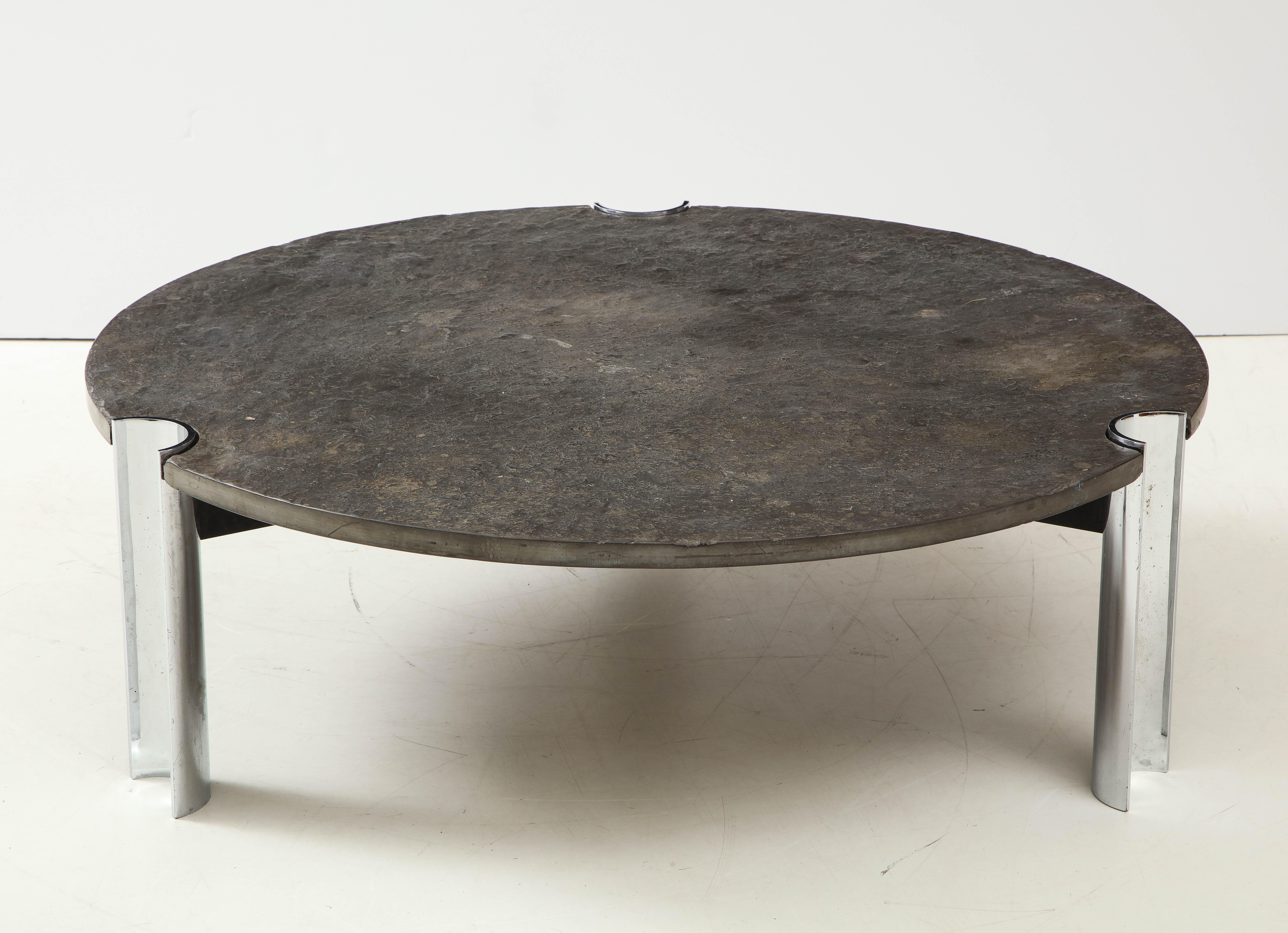 Mid-Century Limestone and Chrome Coffee Table with Fossils, Brazil, c. 1970s For Sale 4