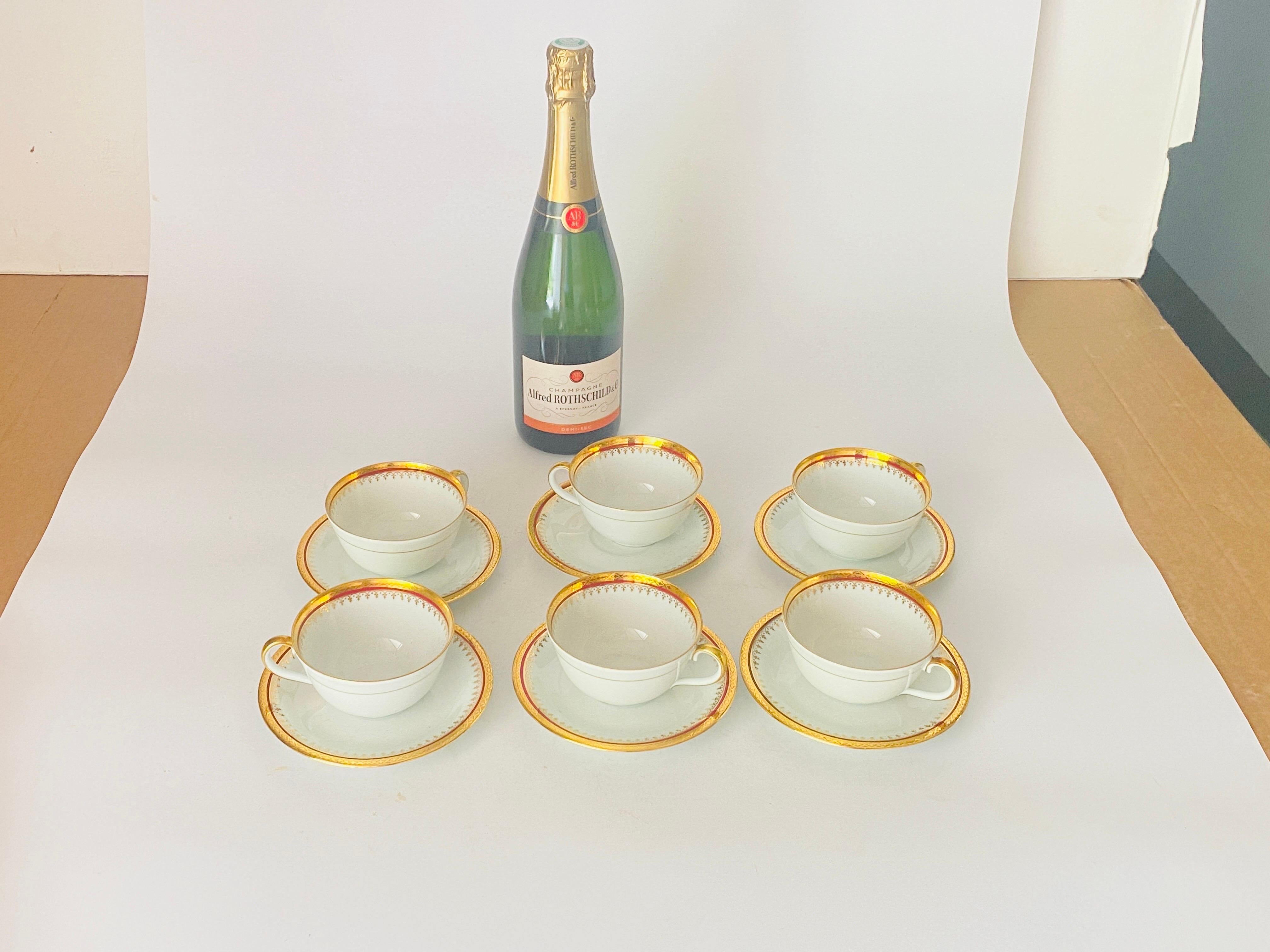 Gold Plate Midcentury Limoges Coffee Cup and under Plates in Porcelain and Gold 12 Pieces