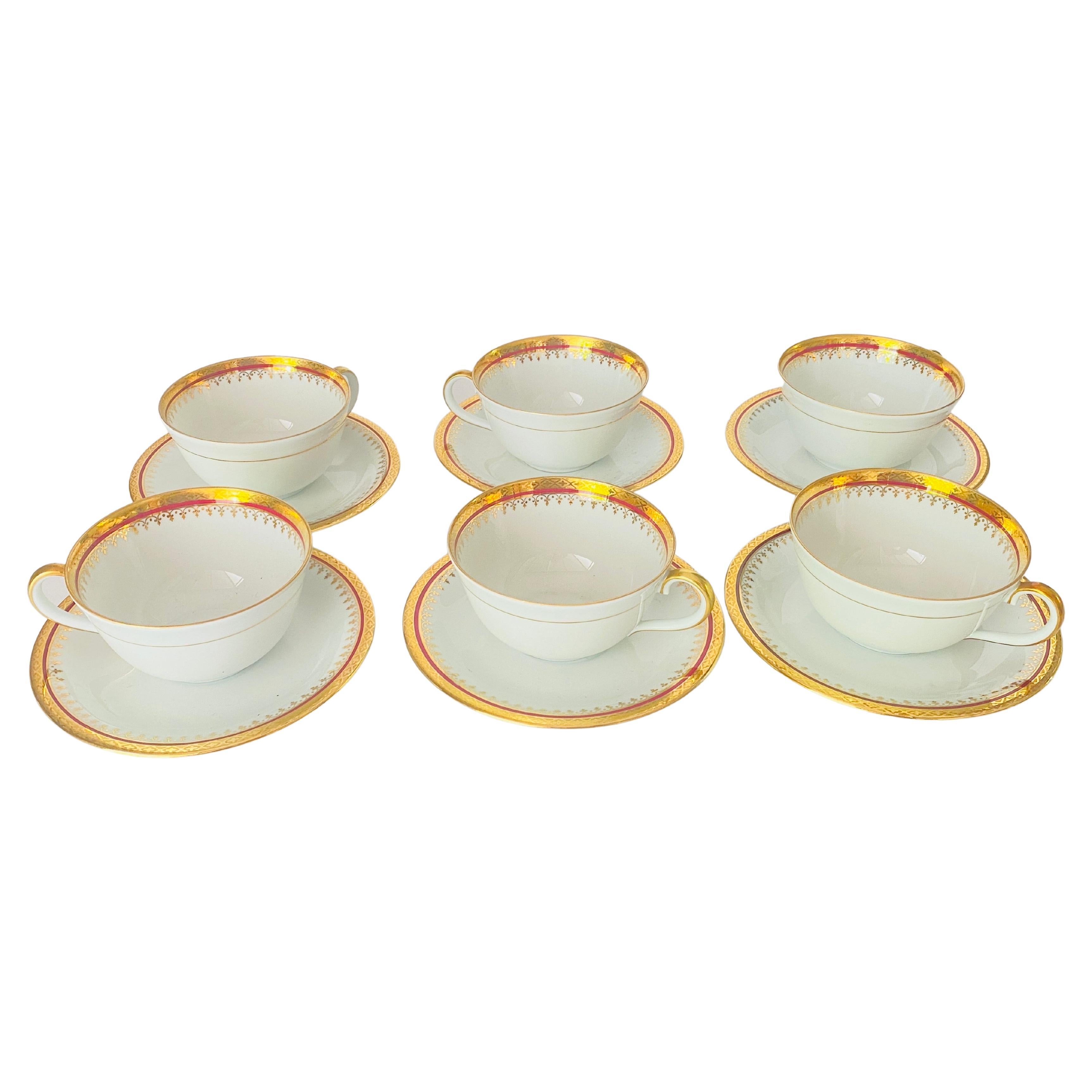 Midcentury Limoges Coffee Cup and under Plates in Porcelain and Gold 12 Pieces