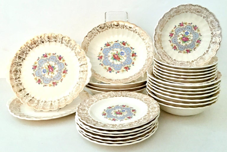 MidCentury Limoges USA Ceramic and Gold Gilt Dinnerware "Lyric" S/25