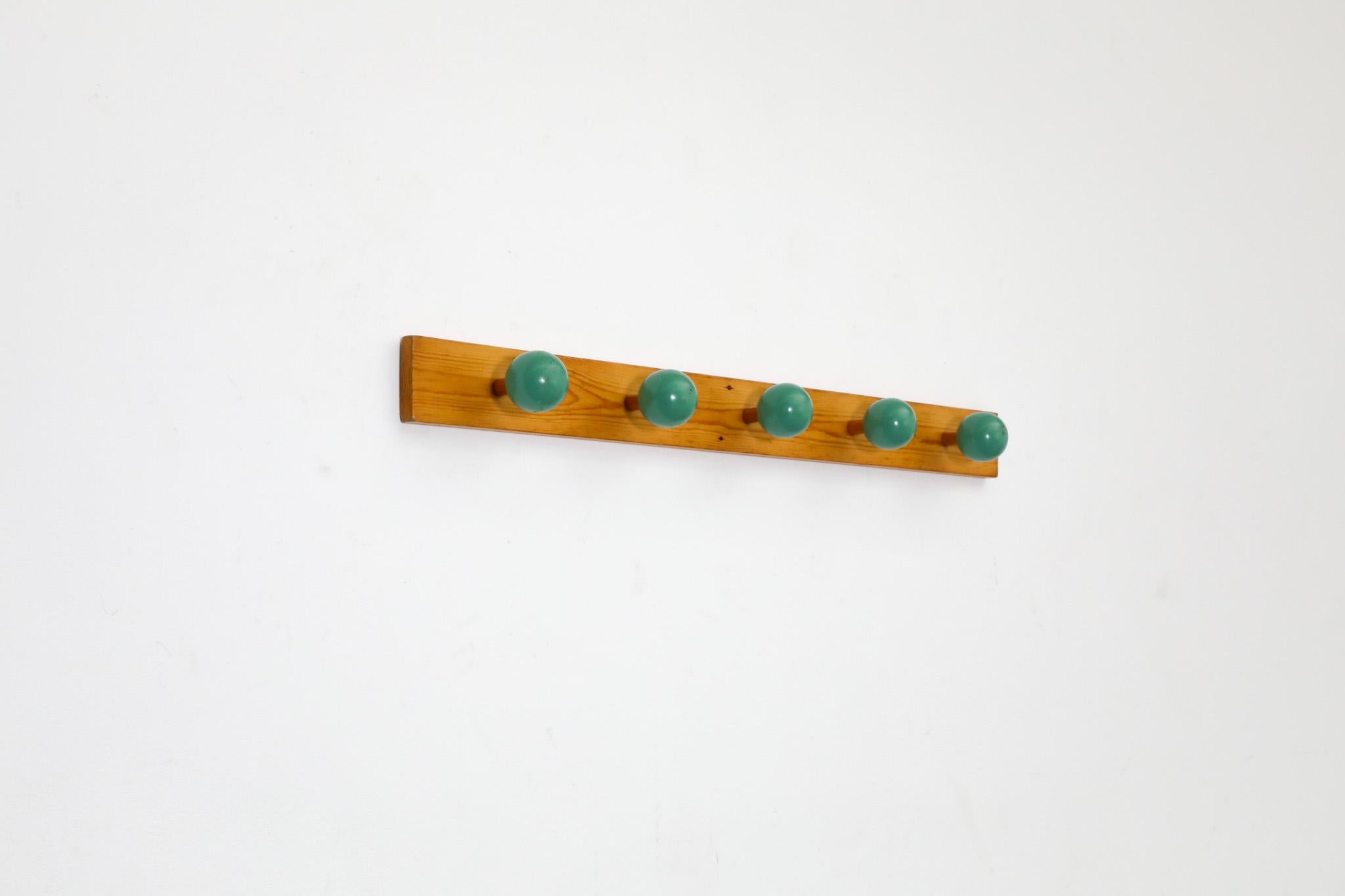 Mid-Century Modern Mid-Century Linear Wall Mount Pine Coat Rack with Green Lacquered Ball Hooks