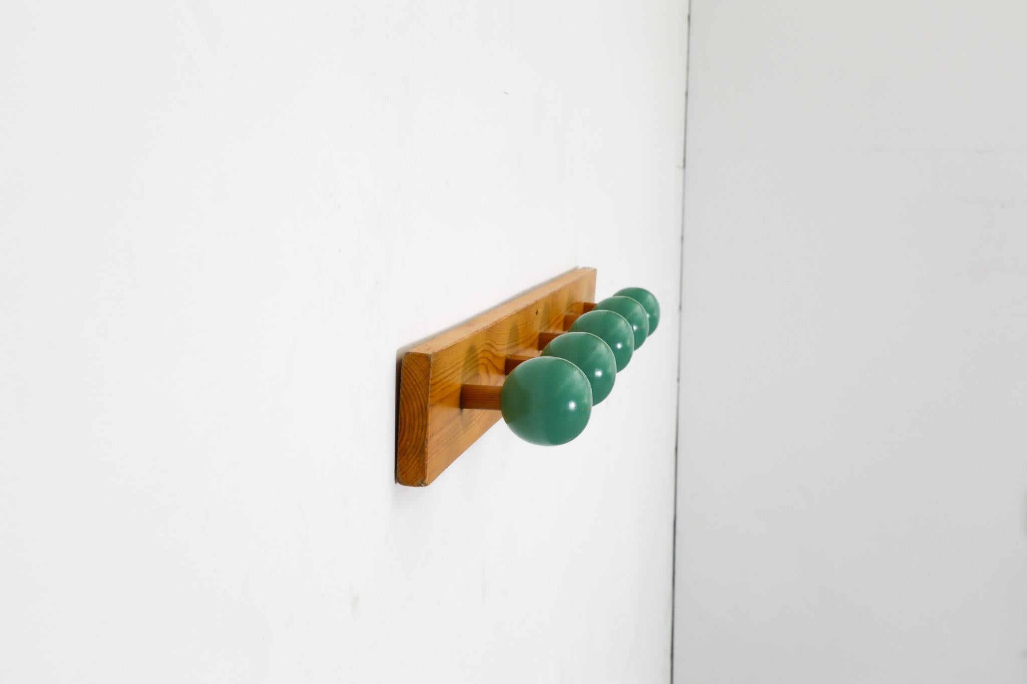 French Mid-Century Linear Wall Mount Pine Coat Rack with Green Lacquered Ball Hooks