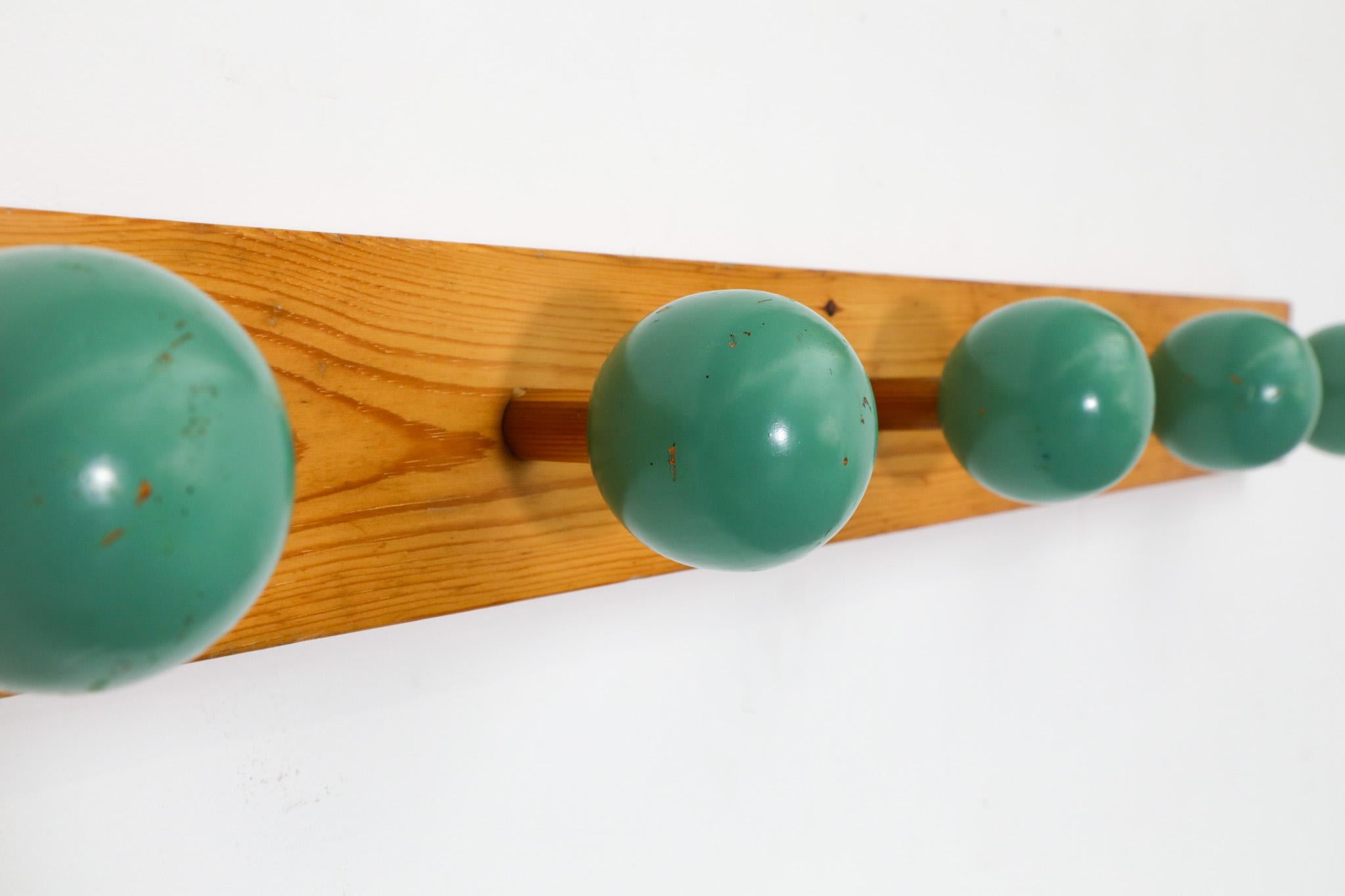 Mid-Century Linear Wall Mount Pine Coat Rack with Green Lacquered Ball Hooks 1