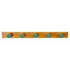 Mid-Century Linear Wall Mount Pine Coat Rack with Green Lacquered Ball Hooks