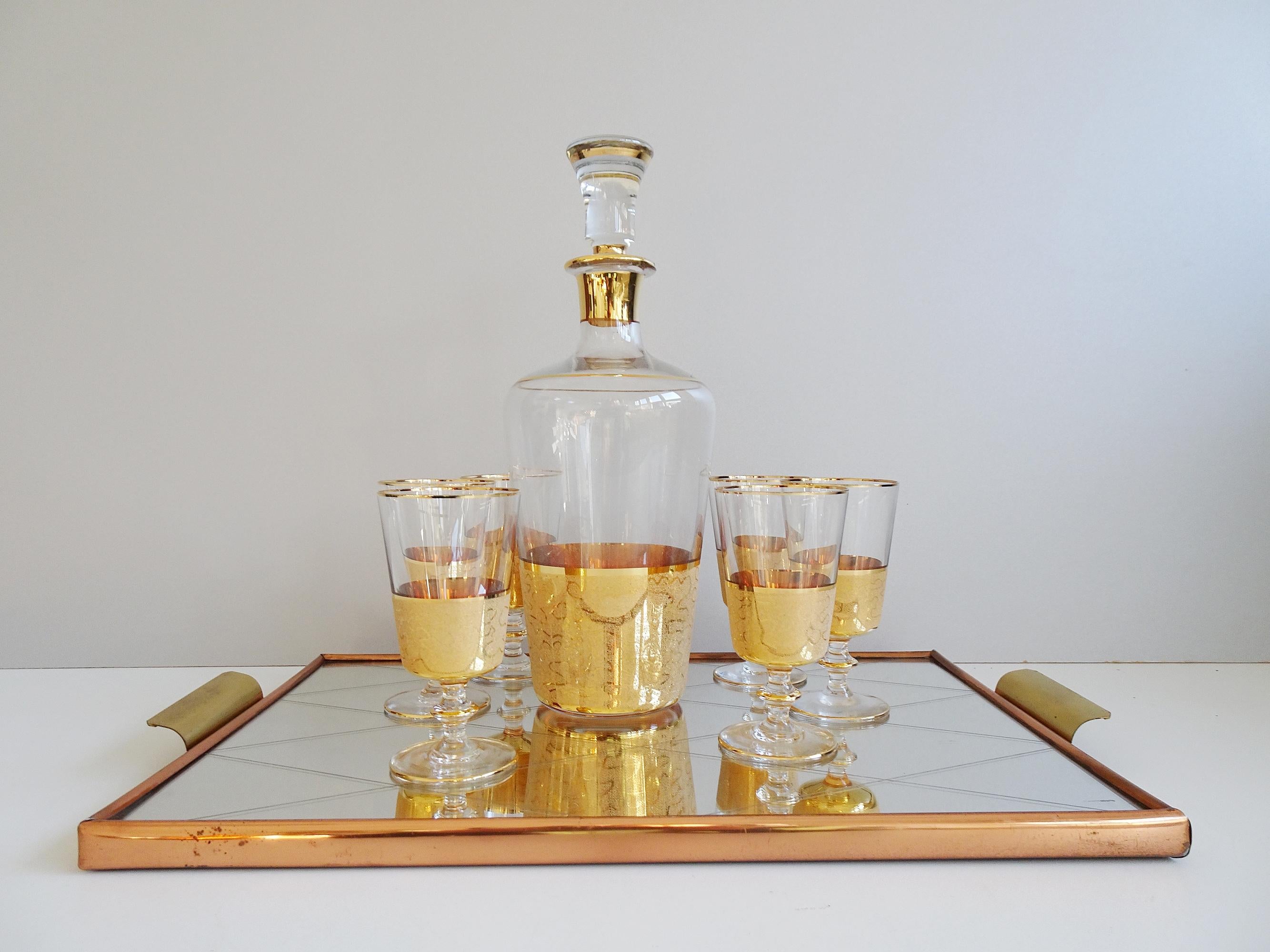 Mid-Century Liqueur Set Gold-Plated on Mirror Tray 1950 For Sale 1