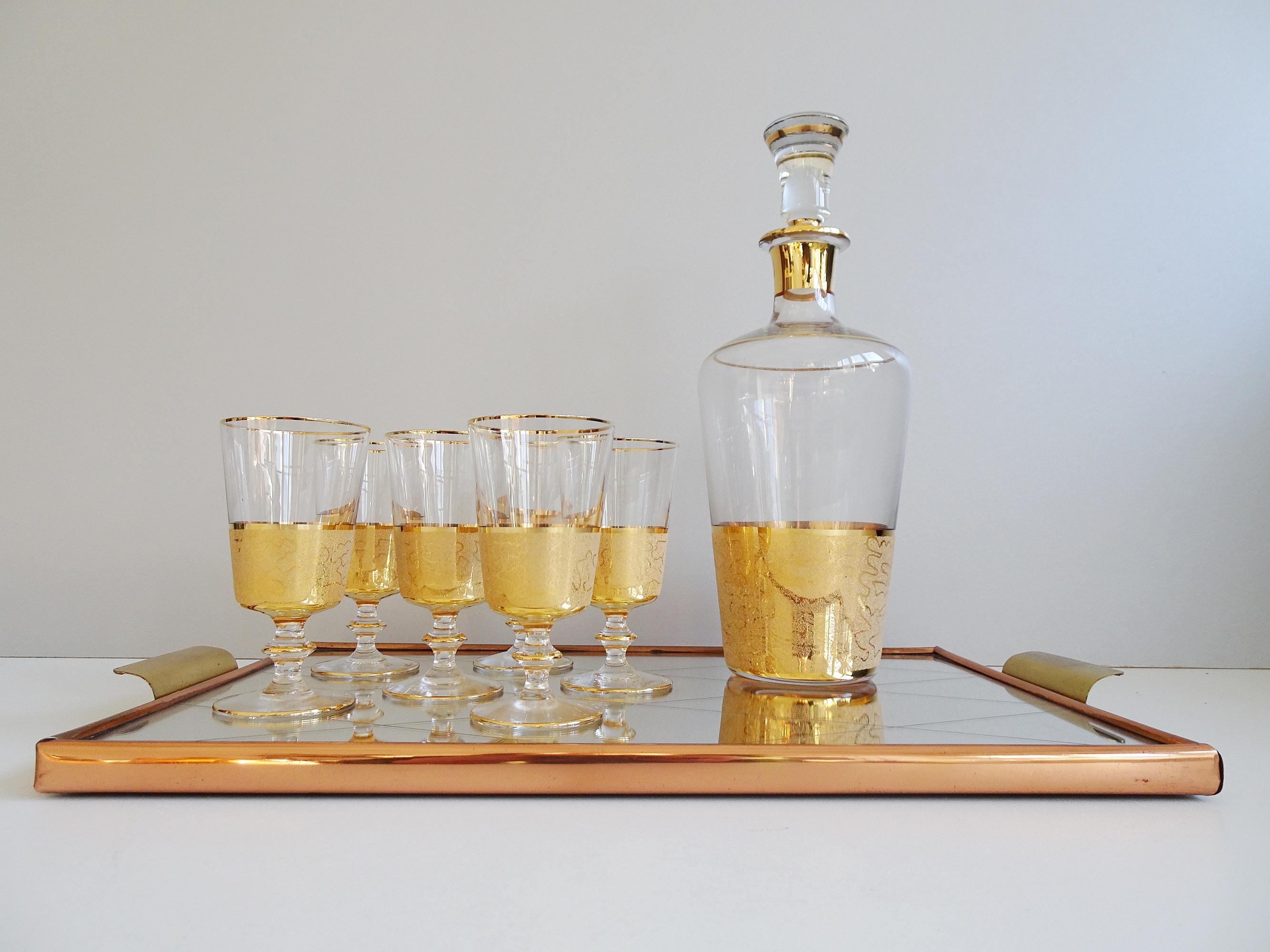 Mid-Century Modern Mid-Century Liqueur Set Gold-Plated on Mirror Tray 1950 For Sale