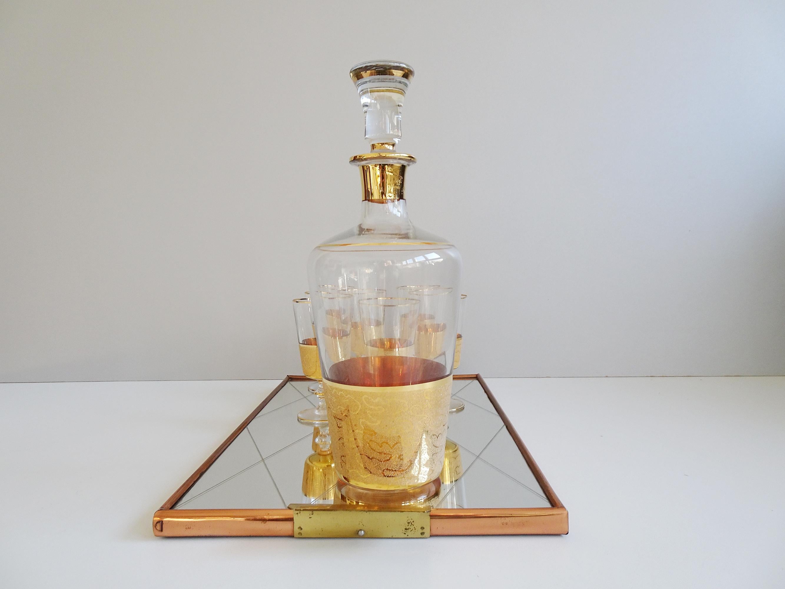 French Mid-Century Liqueur Set Gold-Plated on Mirror Tray 1950 For Sale