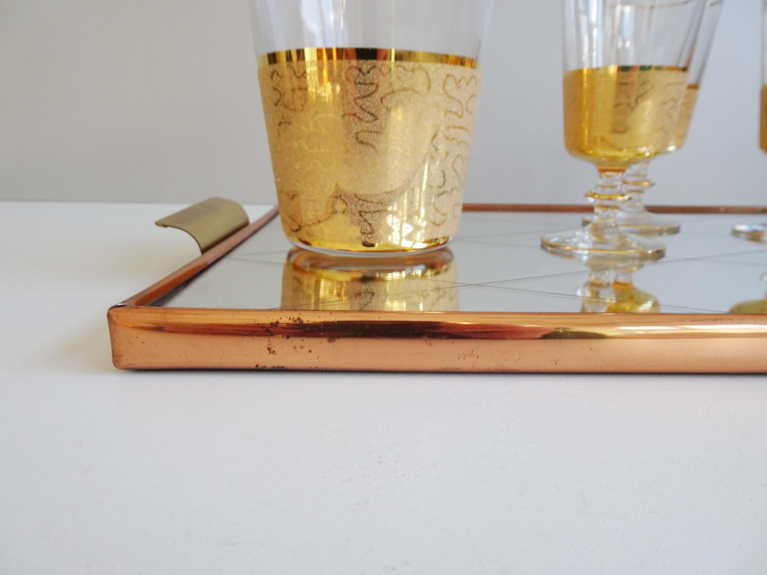 Etched Mid-Century Liqueur Set Gold-Plated on Mirror Tray 1950 For Sale