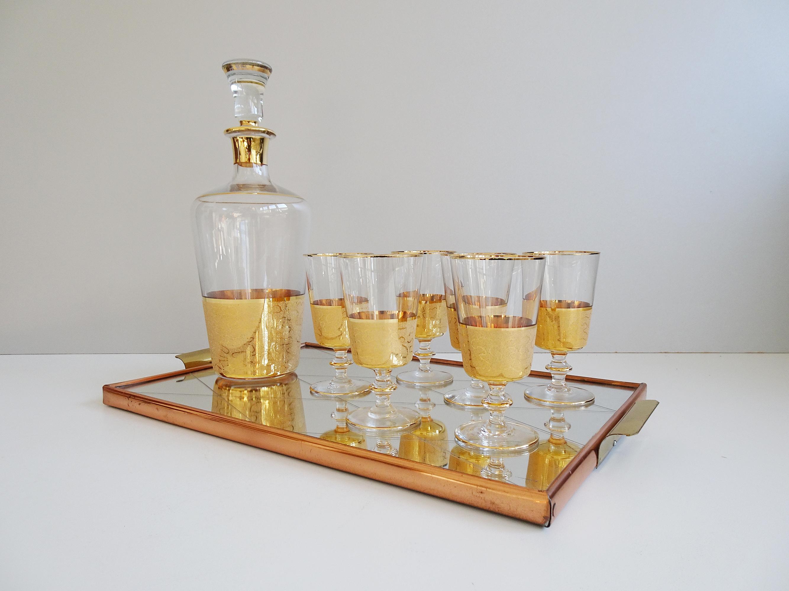 Mid-Century Liqueur Set Gold-Plated on Mirror Tray 1950 In Good Condition For Sale In Saarbruecken, DE