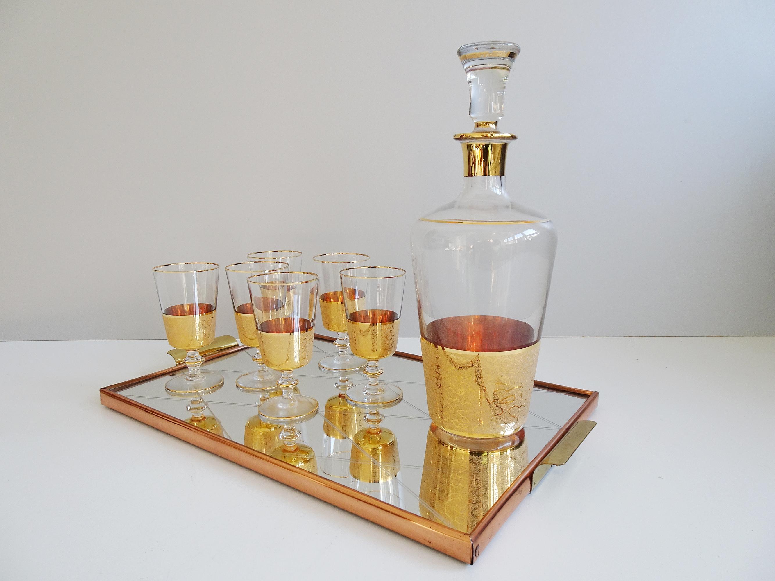 Mid-Century Liqueur Set Gold-Plated on Mirror Tray 1950 For Sale