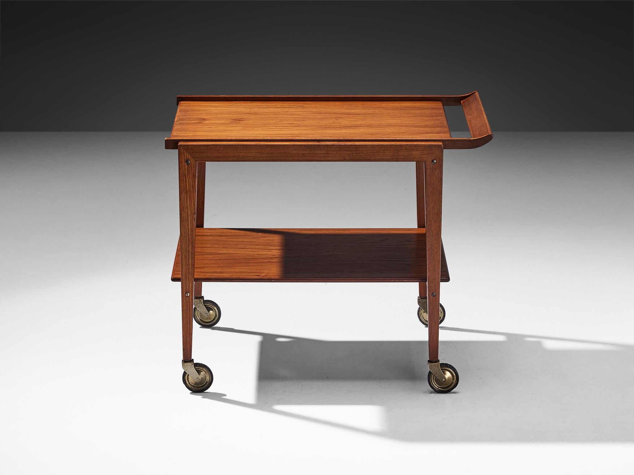 Mid-Century Liquor or Serving Bar Trolley in Teak and Brass For Sale 1