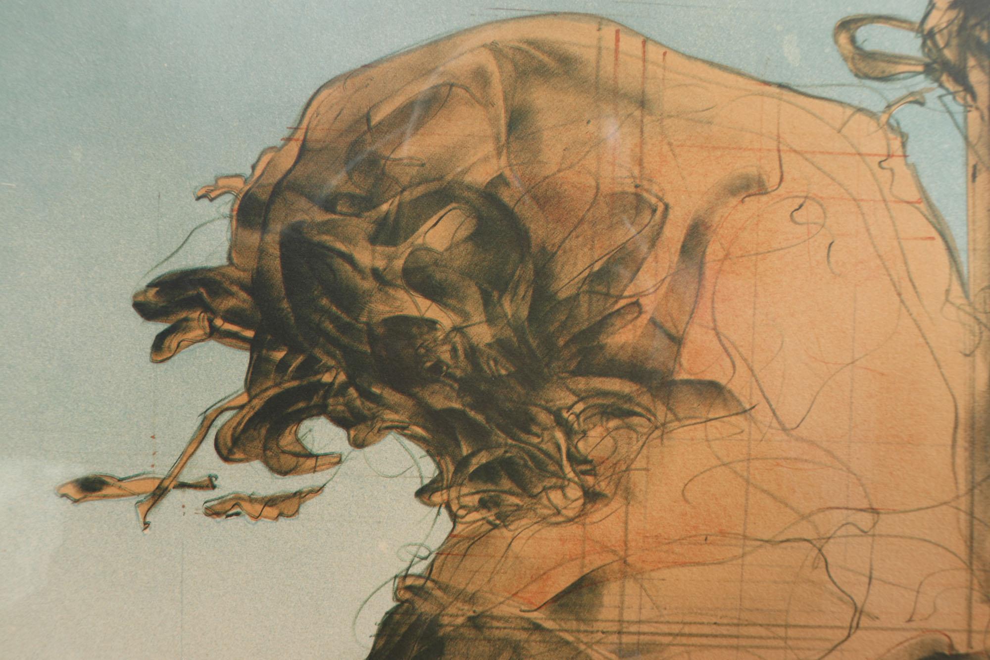 CLAUDE WEISBUCH
Original c1972 Lithographie auf hochwertigem Papier von Don Quijote & Sancho Panza Kampfszene Künstlerskizze für größere Gemälde, in der Art von Leonardo Da Vinci gemalt Siebdruck Bleistift signiert von Weisbuch und nummeriert