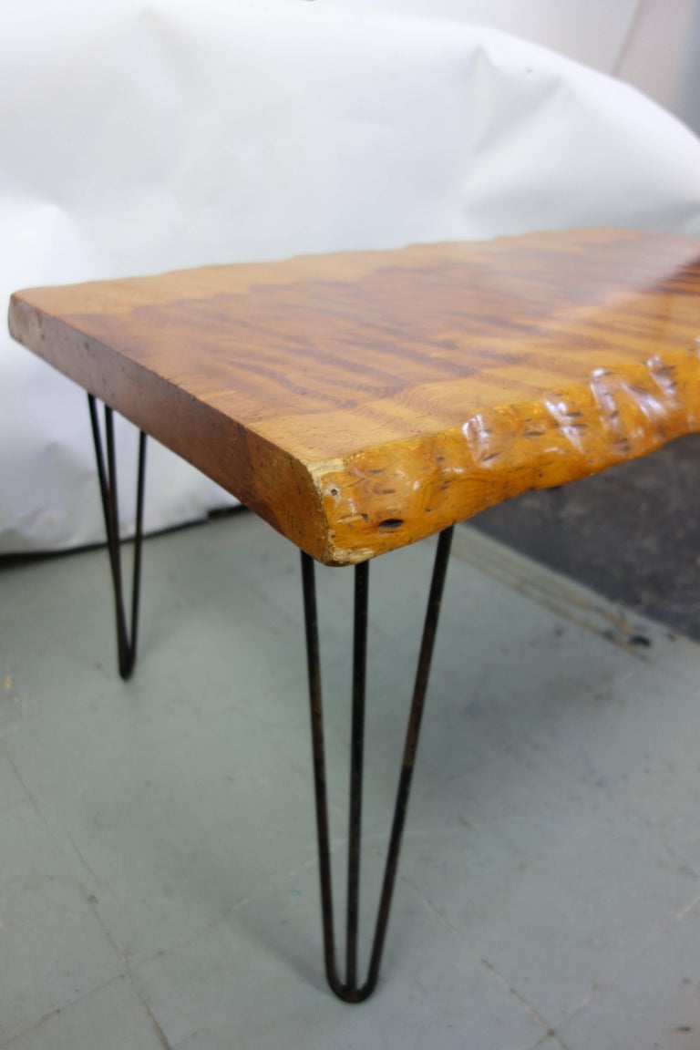 Midcentury Live Edge Burl Coffee Table With Hairpin Legs For Sale