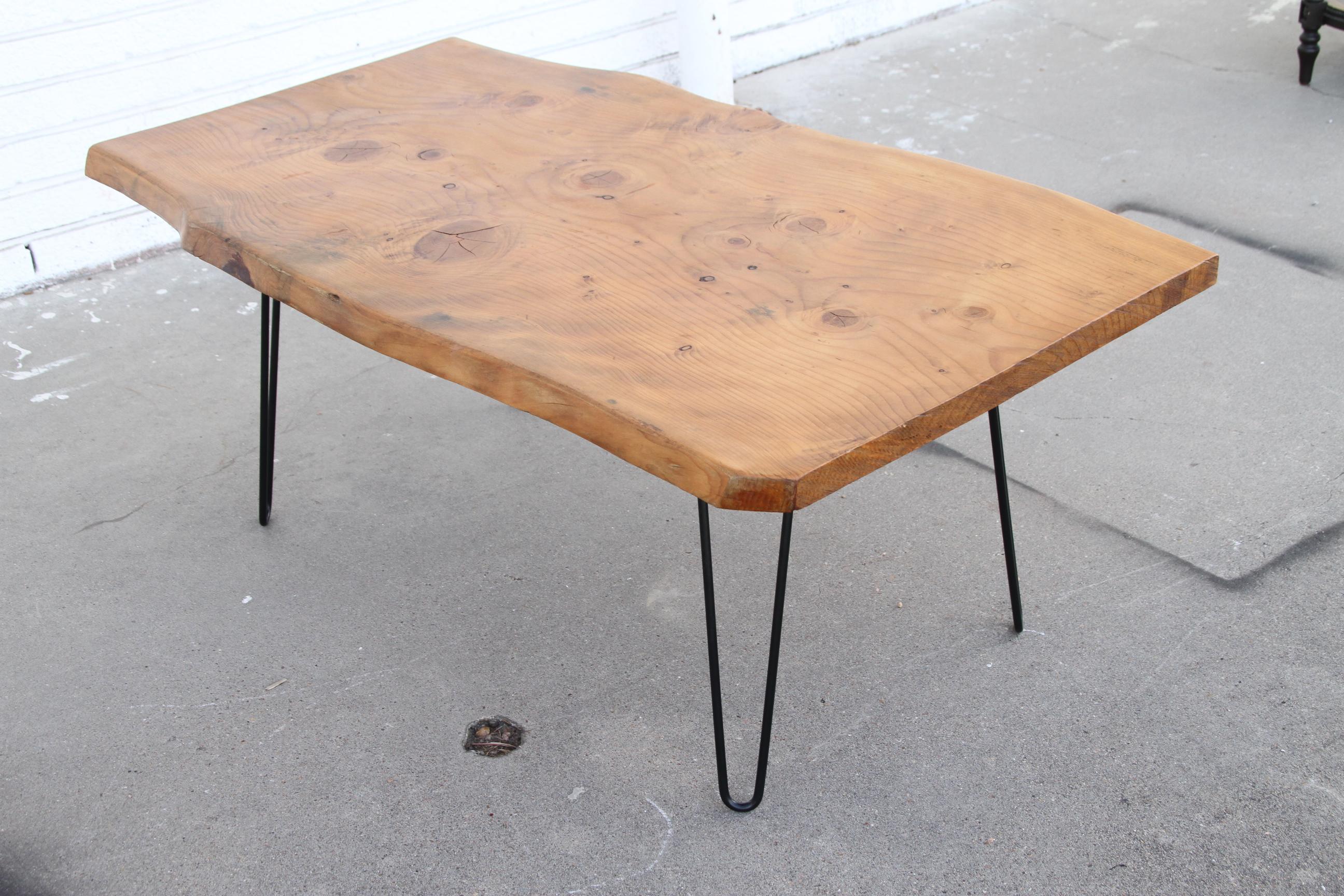 American Mid Century Live Edge Coffee Table on Hair Pin Legs For Sale