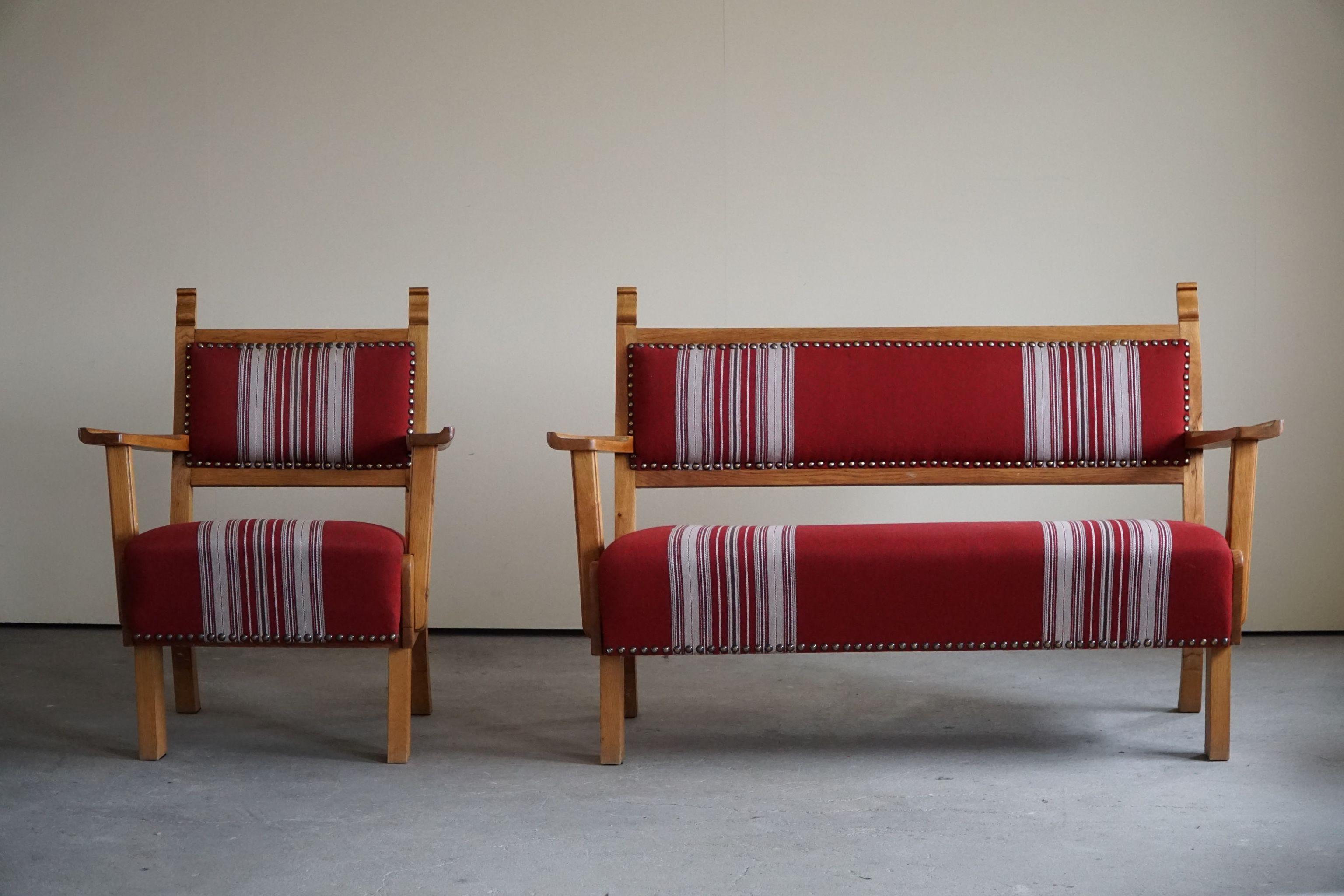 Mid Century Living Room Set, Oak & Wool, by Danish Cabinetmaker, Made in 1940s 7