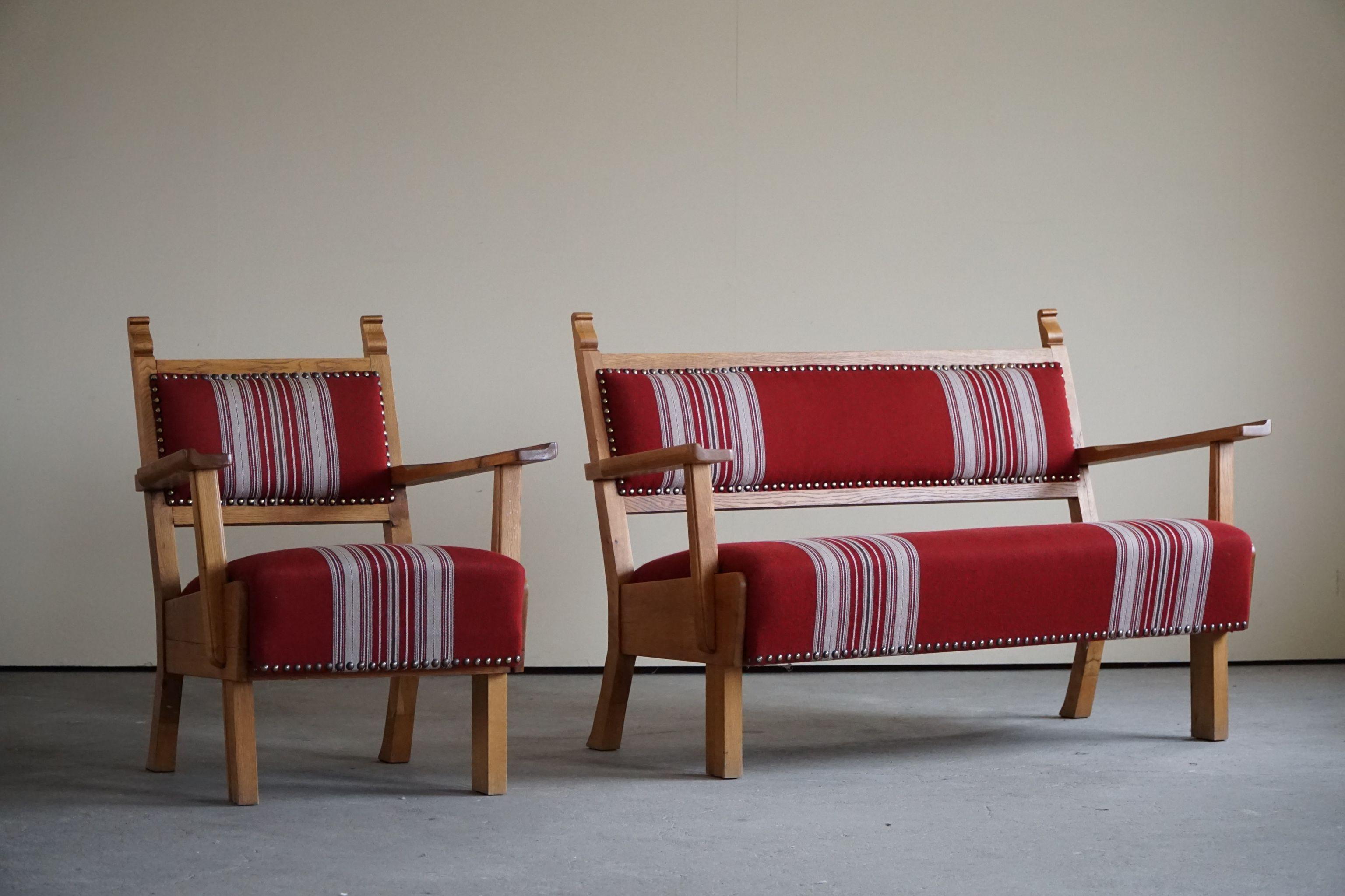 Mid Century Living Room Set, Oak & Wool, by Danish Cabinetmaker, Made in 1940s 8