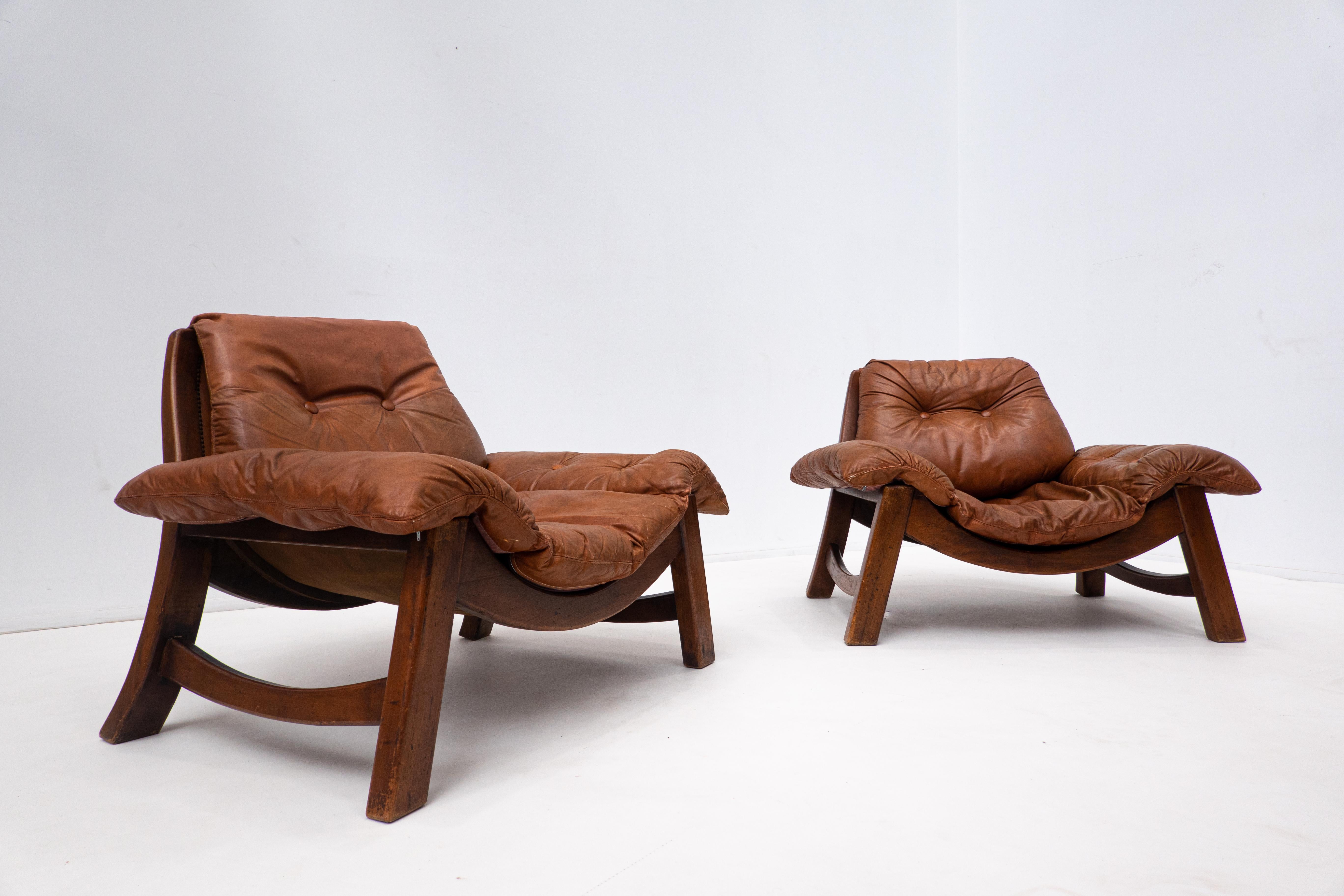 Mid-Century Living Room Set, Original Cognac Leather, Brazilian Style, 1960s For Sale 7