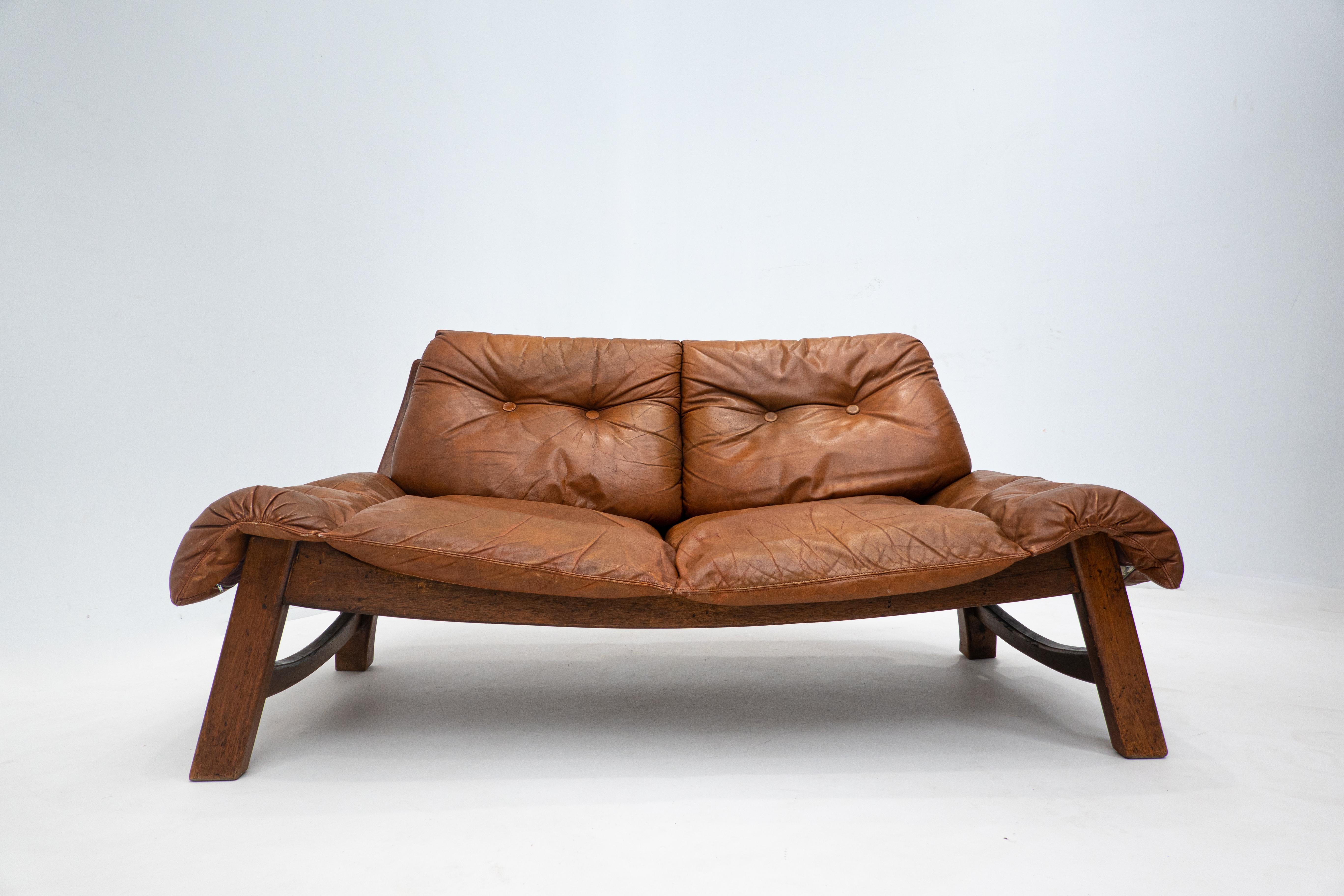 Mid-Century Modern Mid-Century Living Room Set, Original Cognac Leather, Brazilian Style, 1960s For Sale
