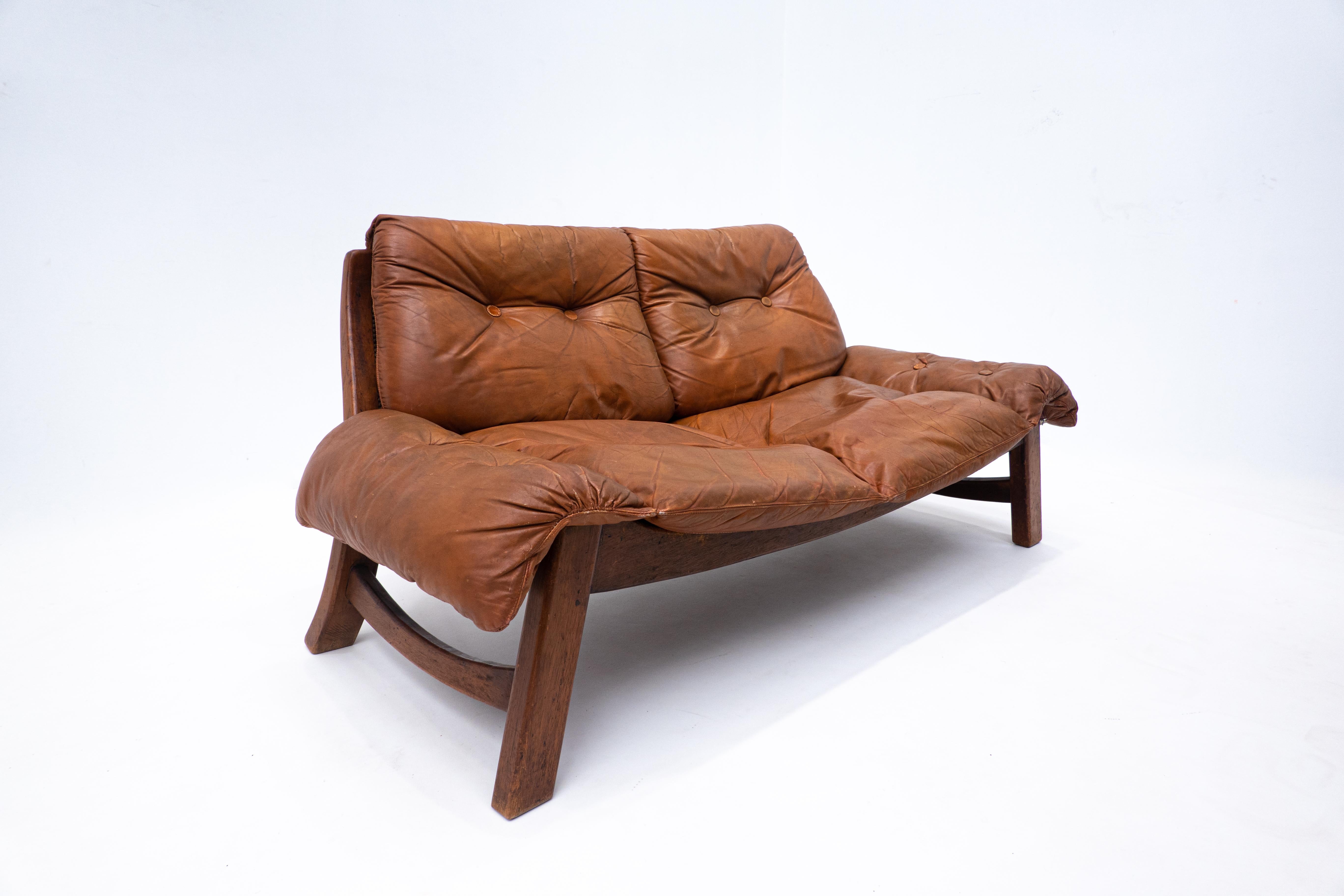 Mid-Century Living Room Set, Original Cognac Leather, Brazilian Style, 1960s For Sale 2