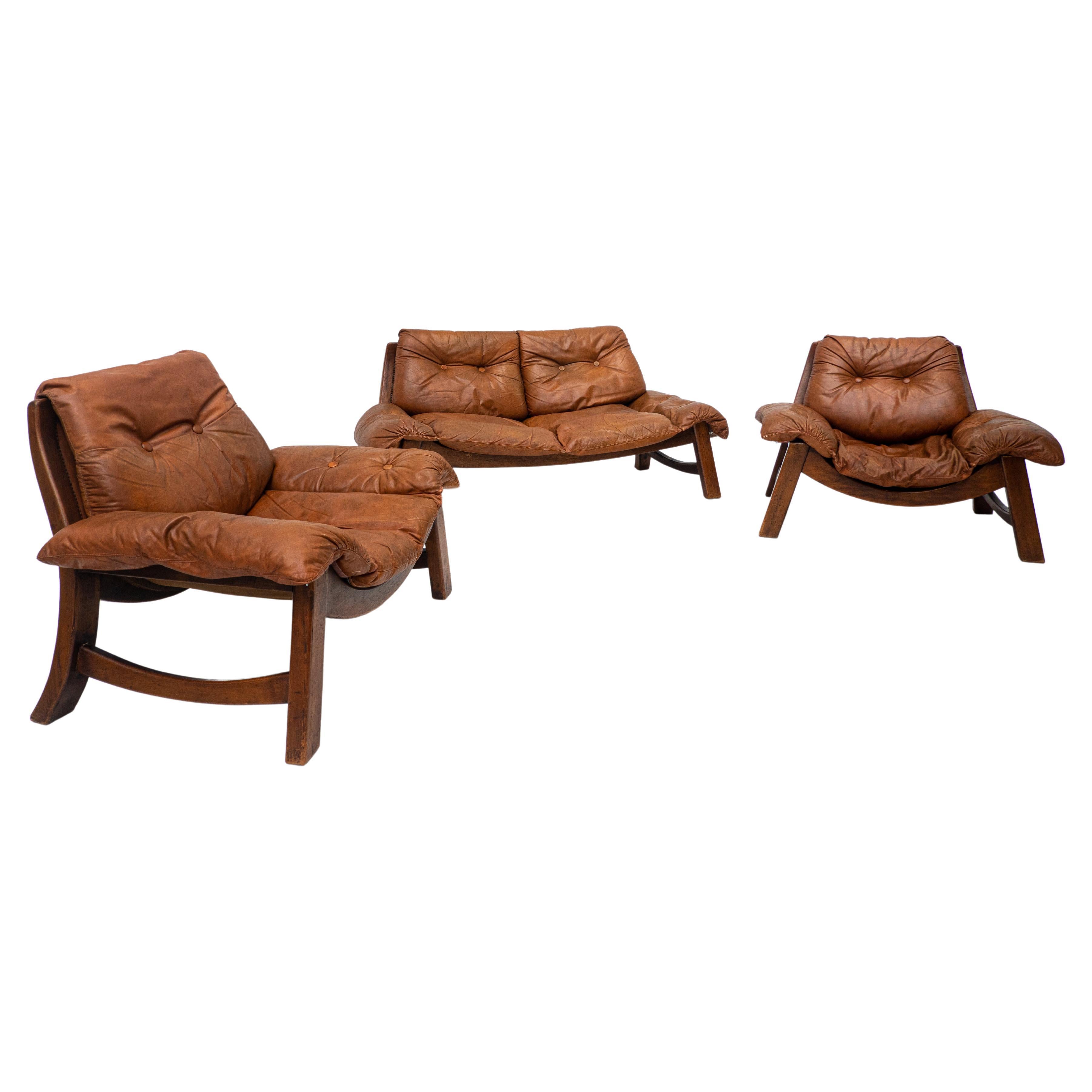 Mid-Century Living Room Set, Original Cognac Leather, Brazilian Style, 1960s For Sale