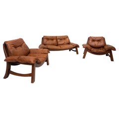 Mid-Century Living Room Set, Original Cognac Leather, Brazilian Style, 1960s