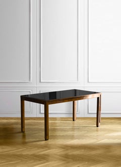 Table de salon Midcentury avec plateau en verre noir et six chaises