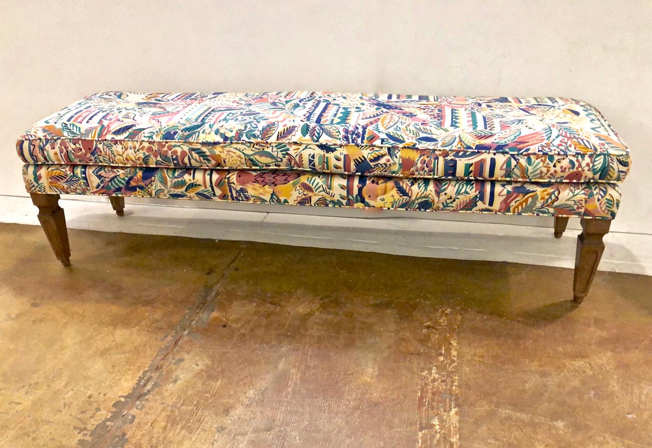 This is a fun example of a midcentury long bench upholstered in an unusual Lily Pulitzer-style fabric. The tropical Florida-inspired upholstery would add a touch of joy and folly to any space. Overall good condition.