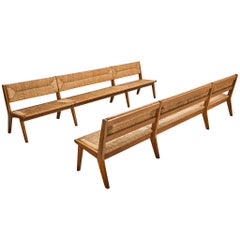 Mid-Century Long Benches in Oak and Straw