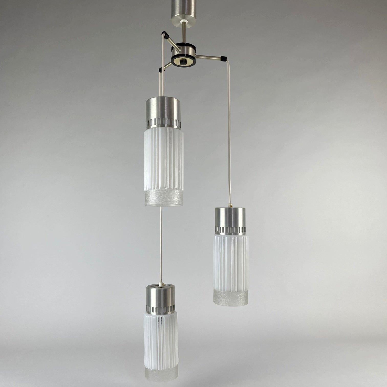 Long vintage three arm chandelier. Original wiring, fully functional. 
Bulbs: 3 x E27 or E26.