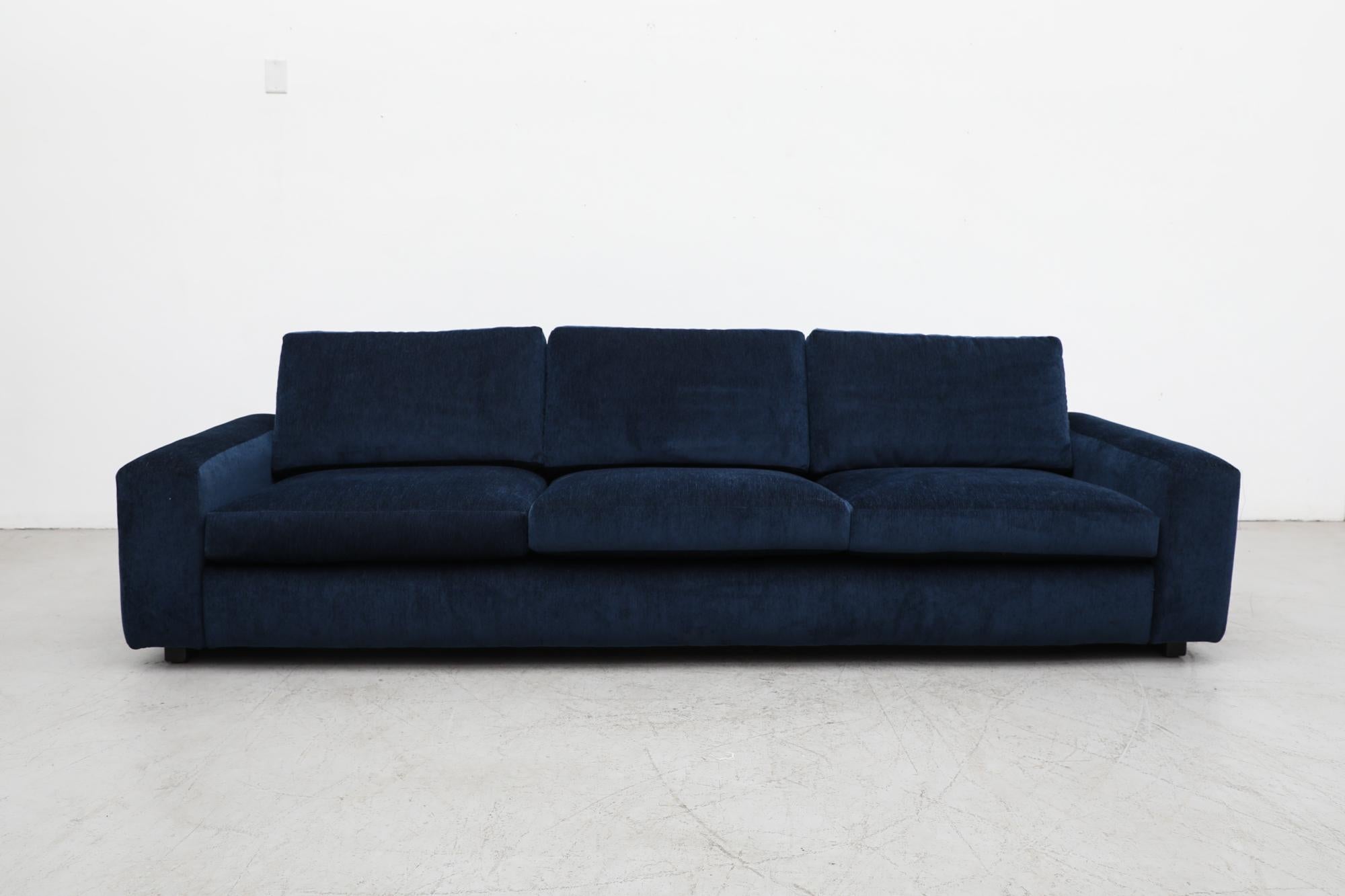 Mid-Century Long Low Stealth Sapphire Chenille Sofa 4