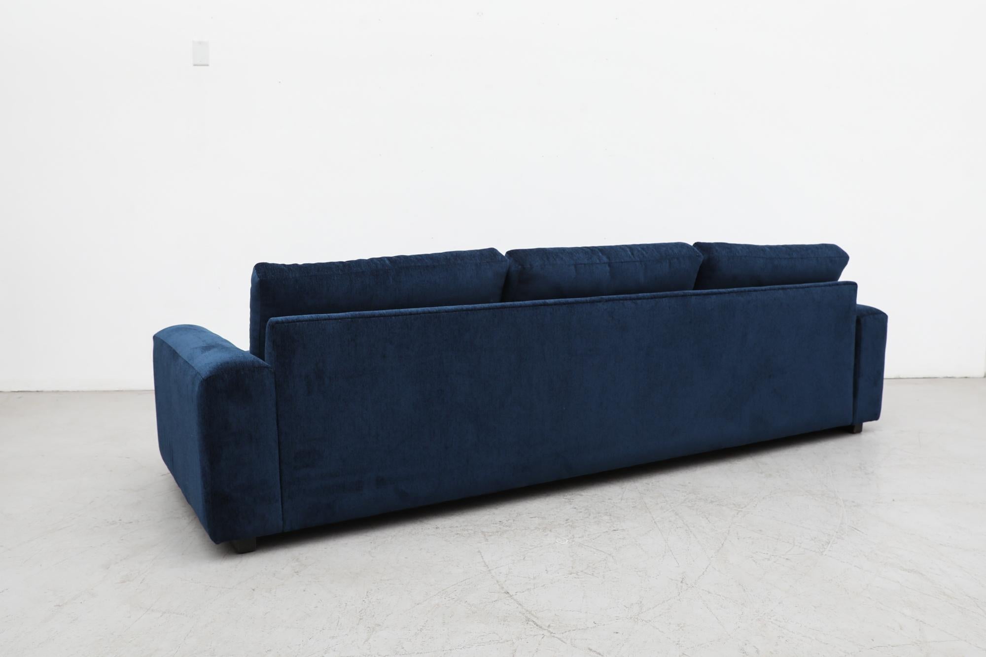 Dutch Mid-Century Long Low Stealth Sapphire Chenille Sofa