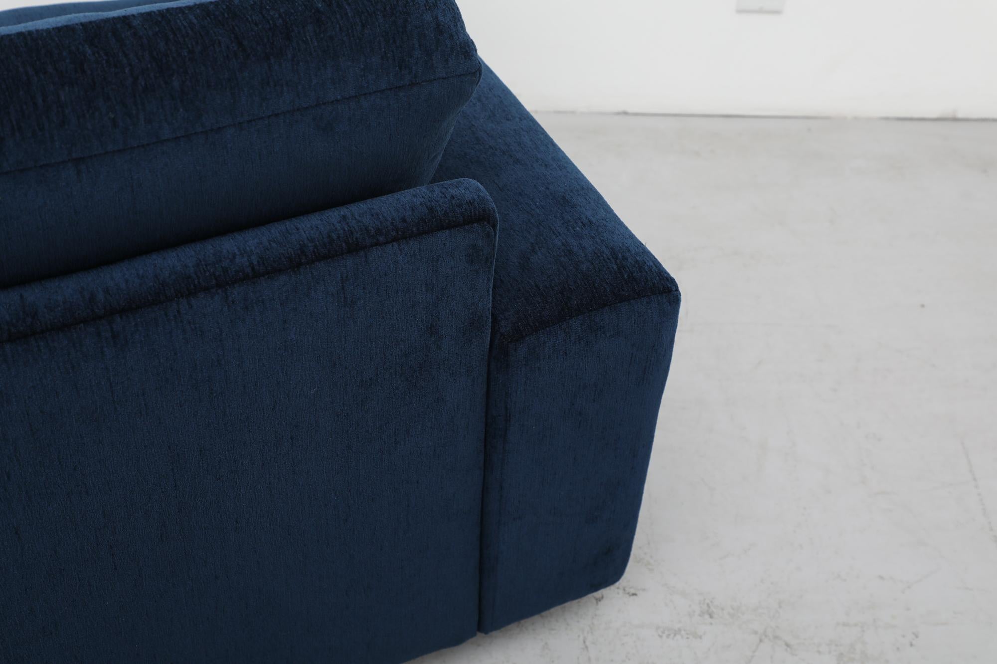 Upholstery Mid-Century Long Low Stealth Sapphire Chenille Sofa