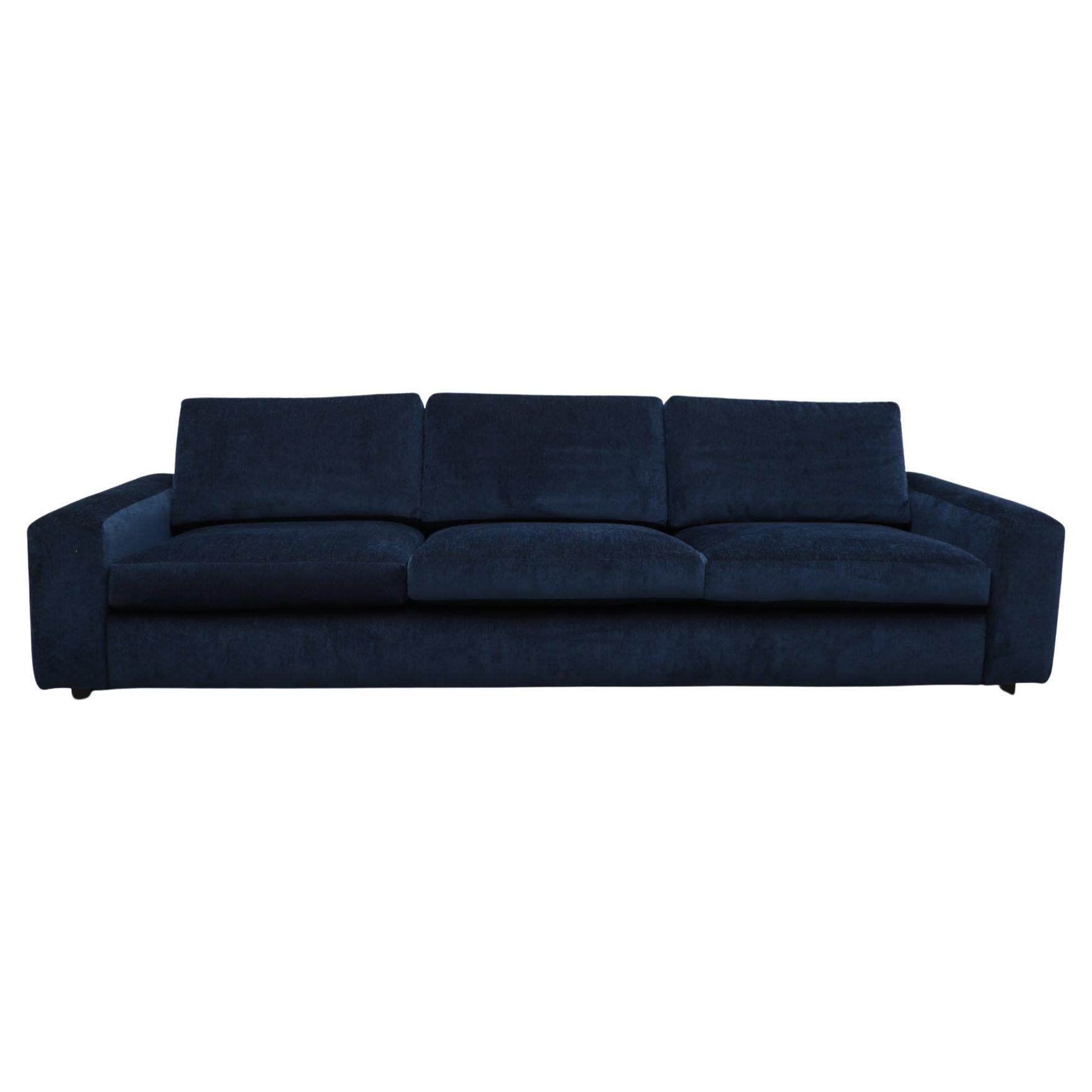 Mid-Century Long Low Stealth Sapphire Chenille Sofa
