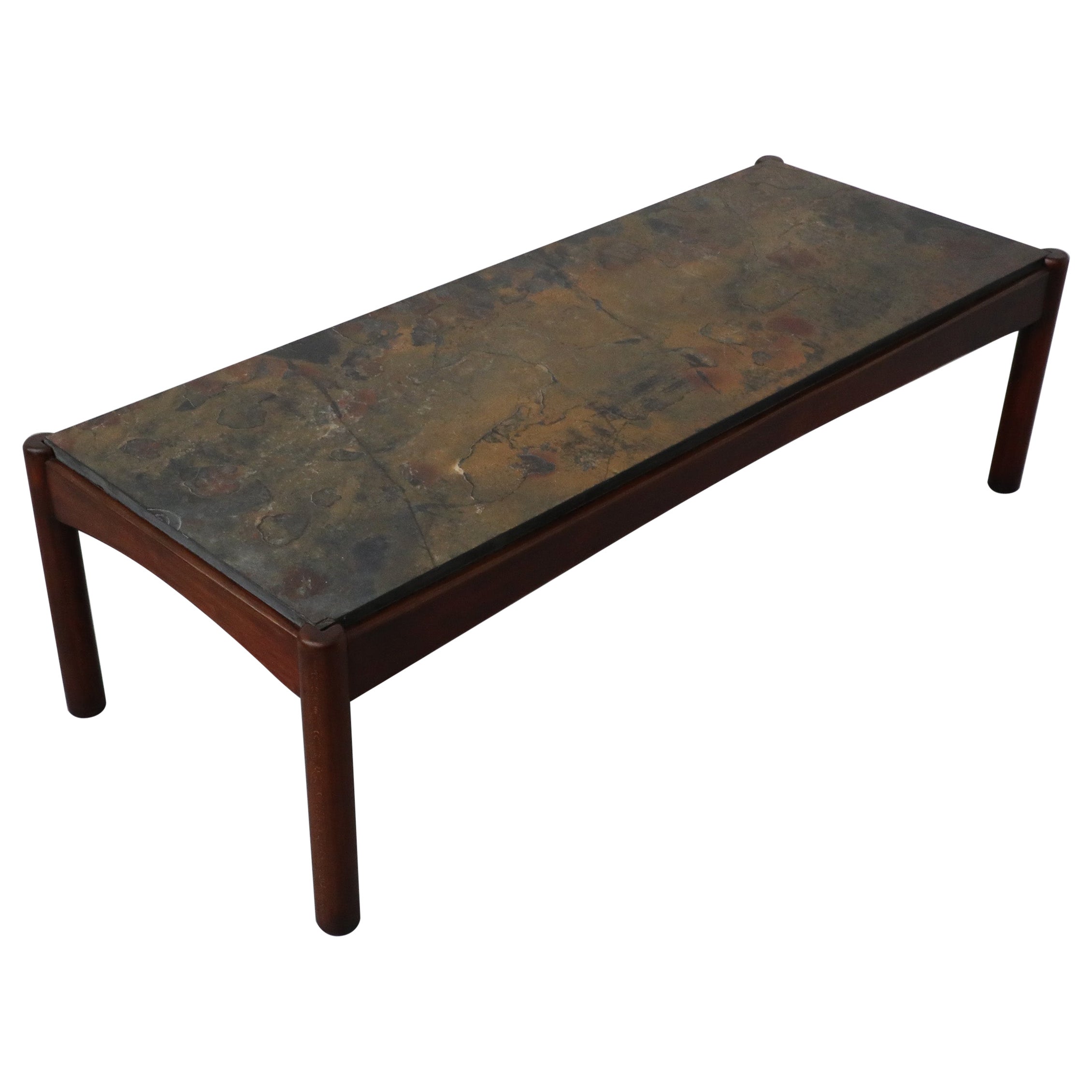 Tavolino lungo con cornice in Wood del Mid-Century con piano in pietra incastonato