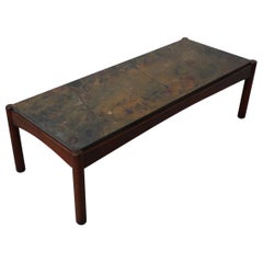 Tavolino lungo con cornice in Wood del Mid-Century con piano in pietra incastonato