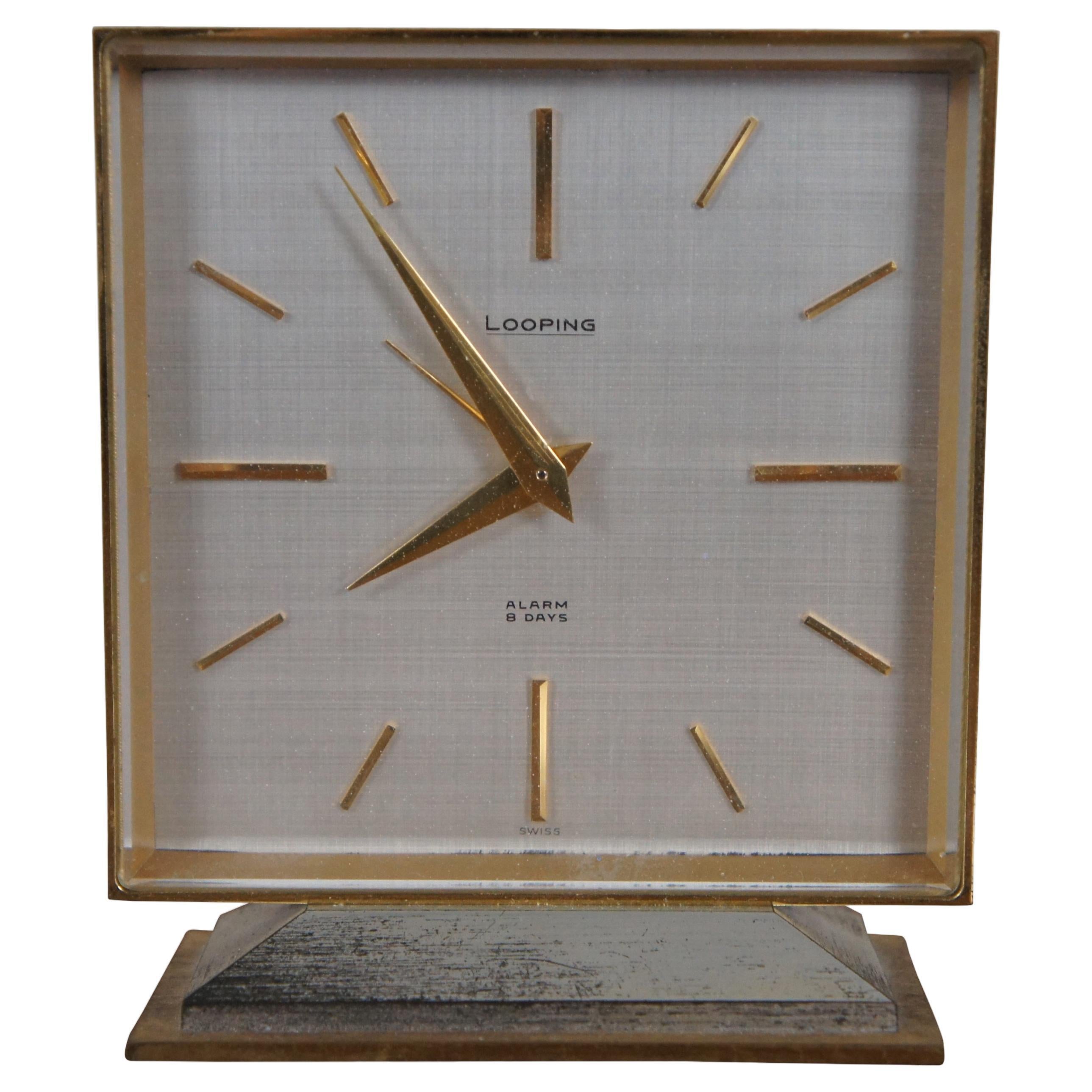 Mid Century Looping Swiss Square Brass 7 Jewel 8 Day Alarm Desk Clock 4"