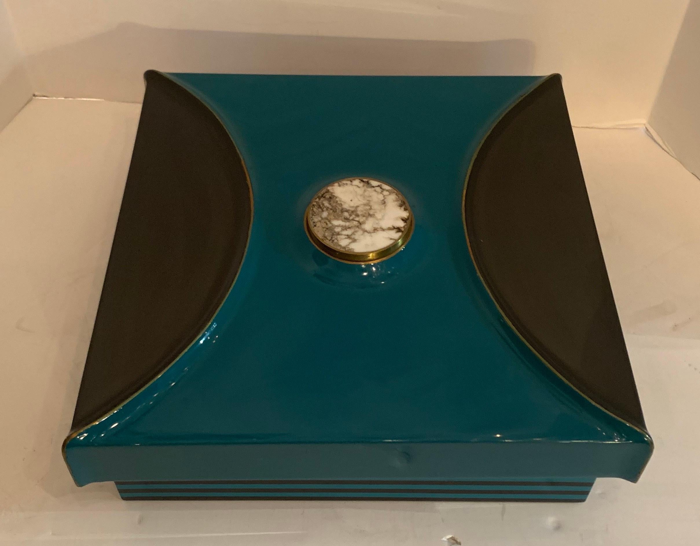 A wonderful midcentury Lorin marsh turquoise and grey lacquered with brass and Howlite semi precious stone inset box, the interior with brown leather lining.