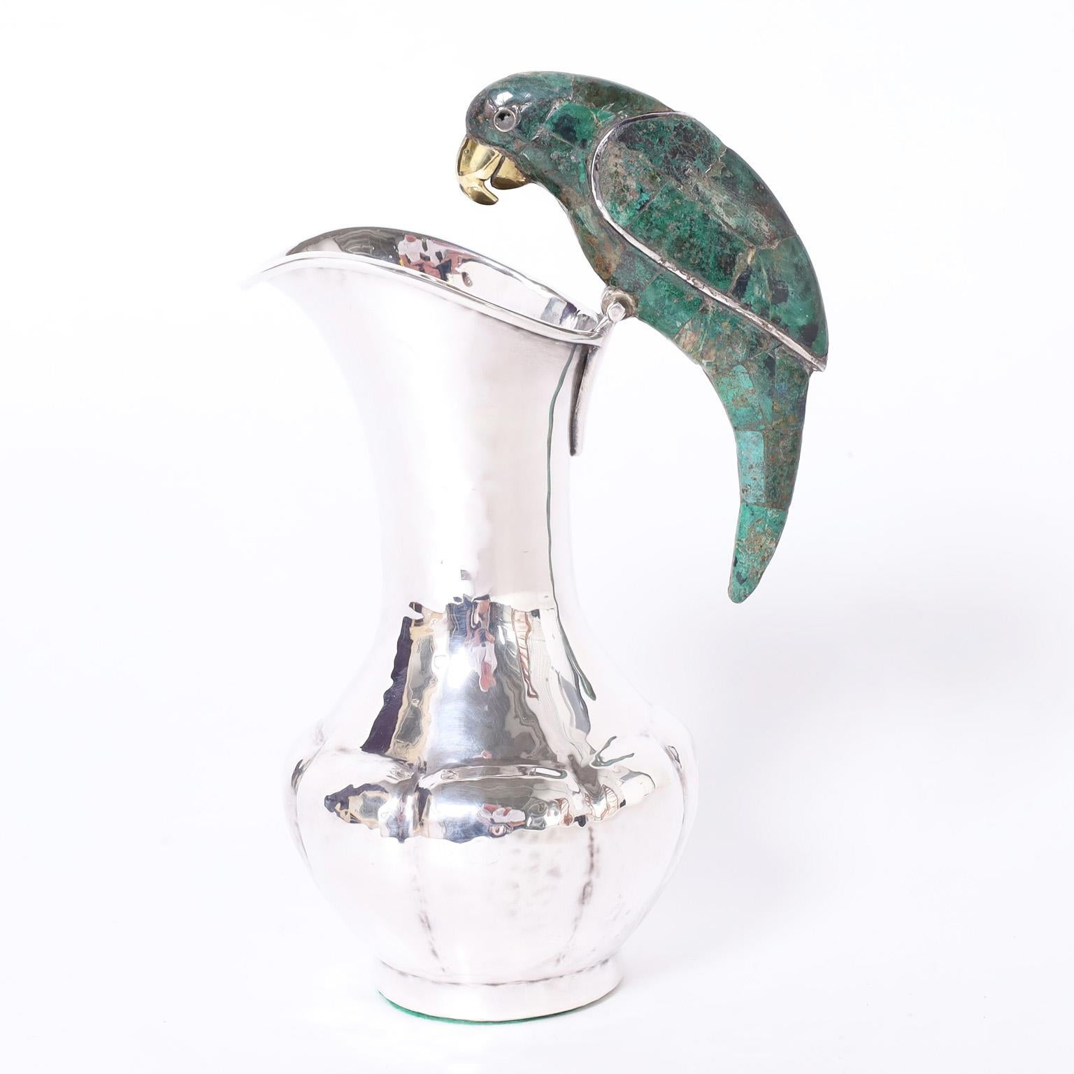 Mid-Century Modern Mid-Century Los Castillo Silver Plate Pitcher with Parrot For Sale