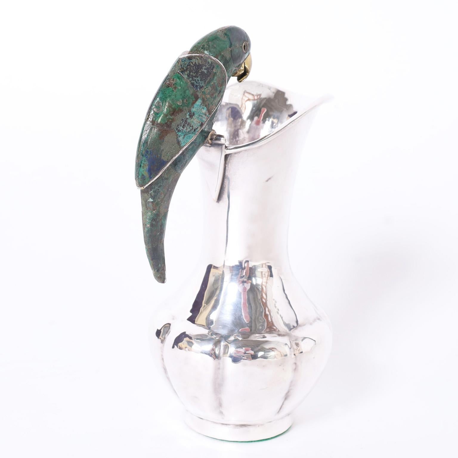Mexican Mid-Century Los Castillo Silver Plate Pitcher with Parrot For Sale