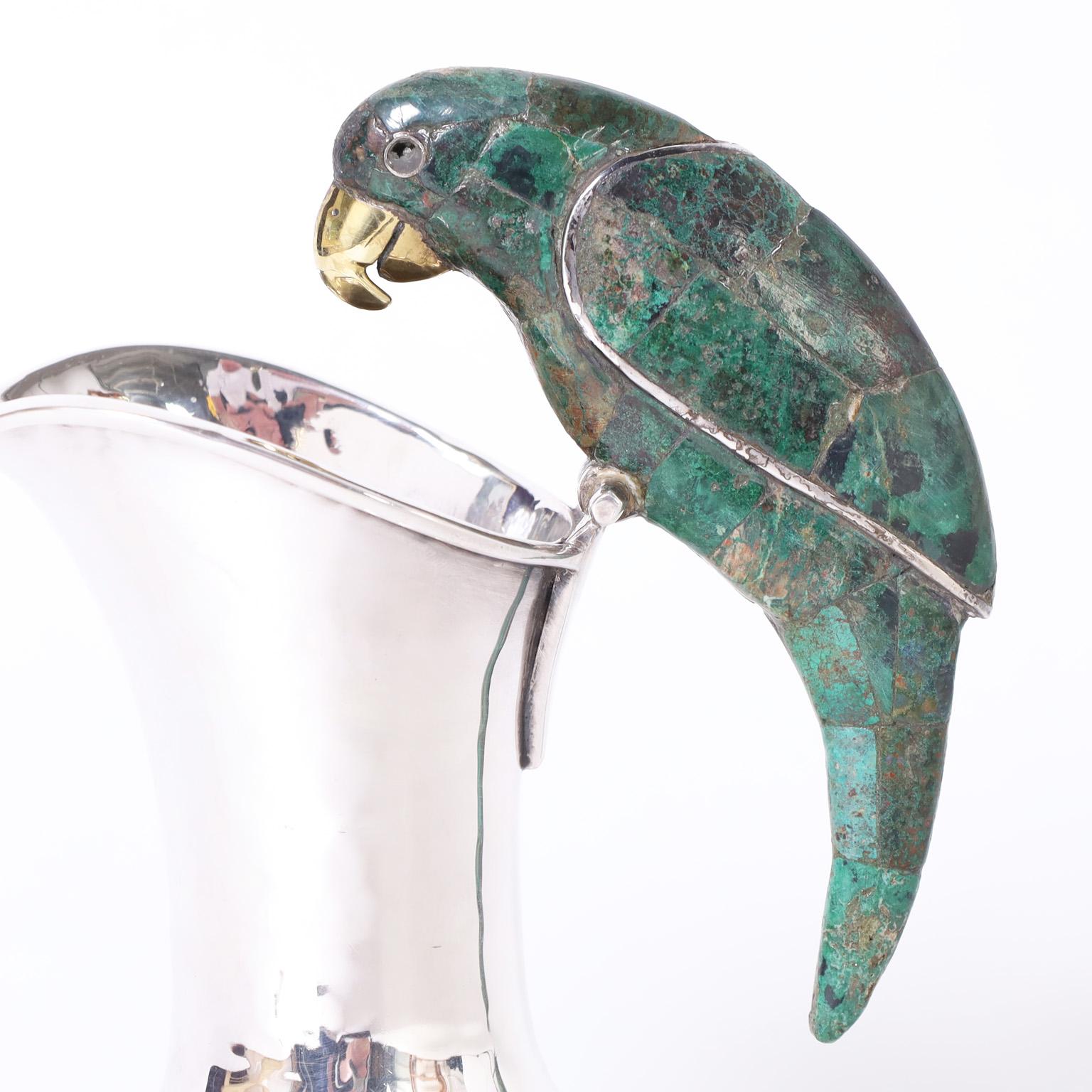 Hand-Crafted Mid-Century Los Castillo Silver Plate Pitcher with Parrot For Sale