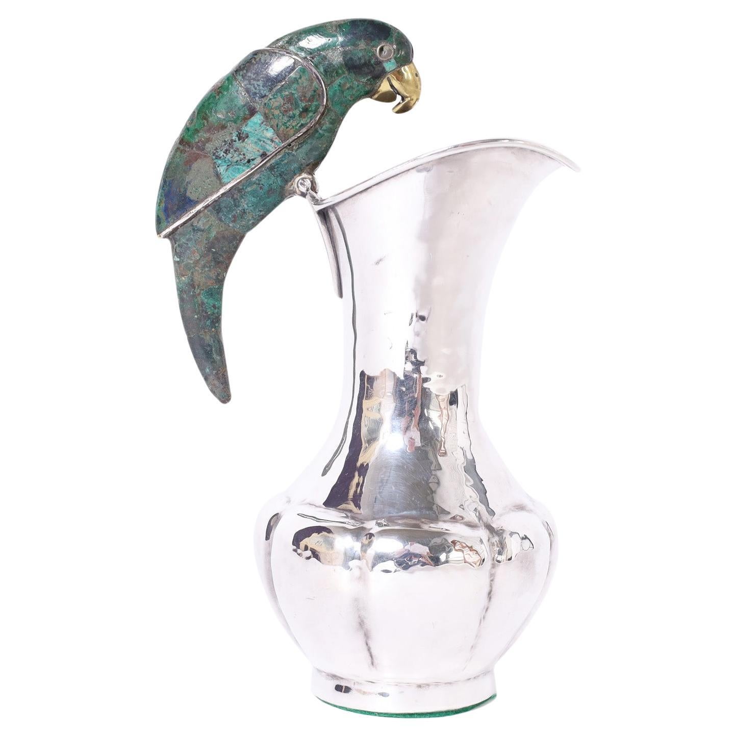 Mid-Century Los Castillo Silver Plate Pitcher with Parrot For Sale
