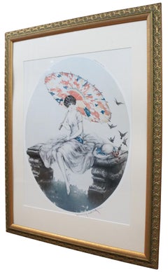 Mid Century Louis Icart Parasol Lithograph Print Art Deco Lady Paris 1928