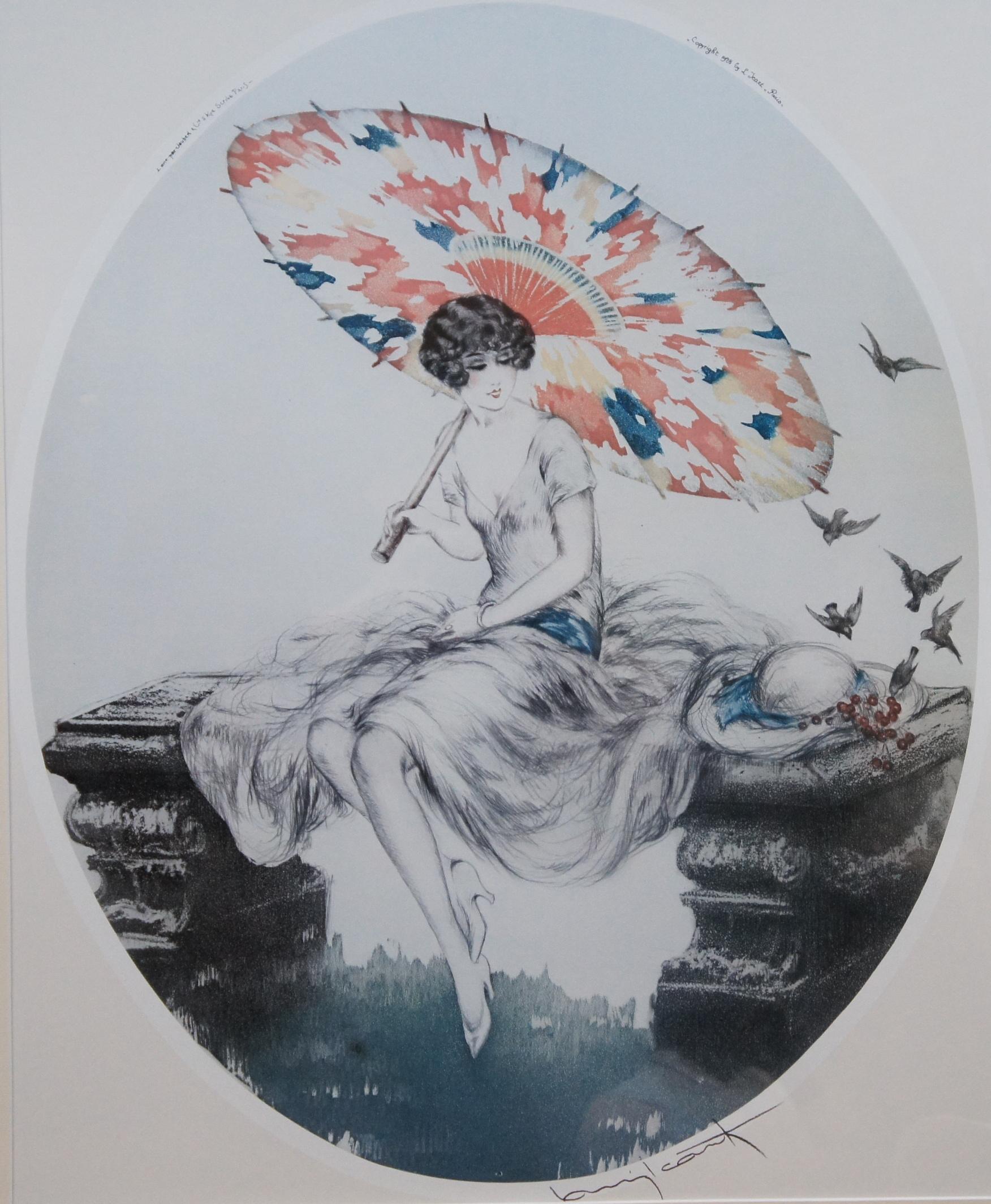 20th Century Mid Century Louis Icart Parasol Lithograph Print Art Deco Lady Paris 1928