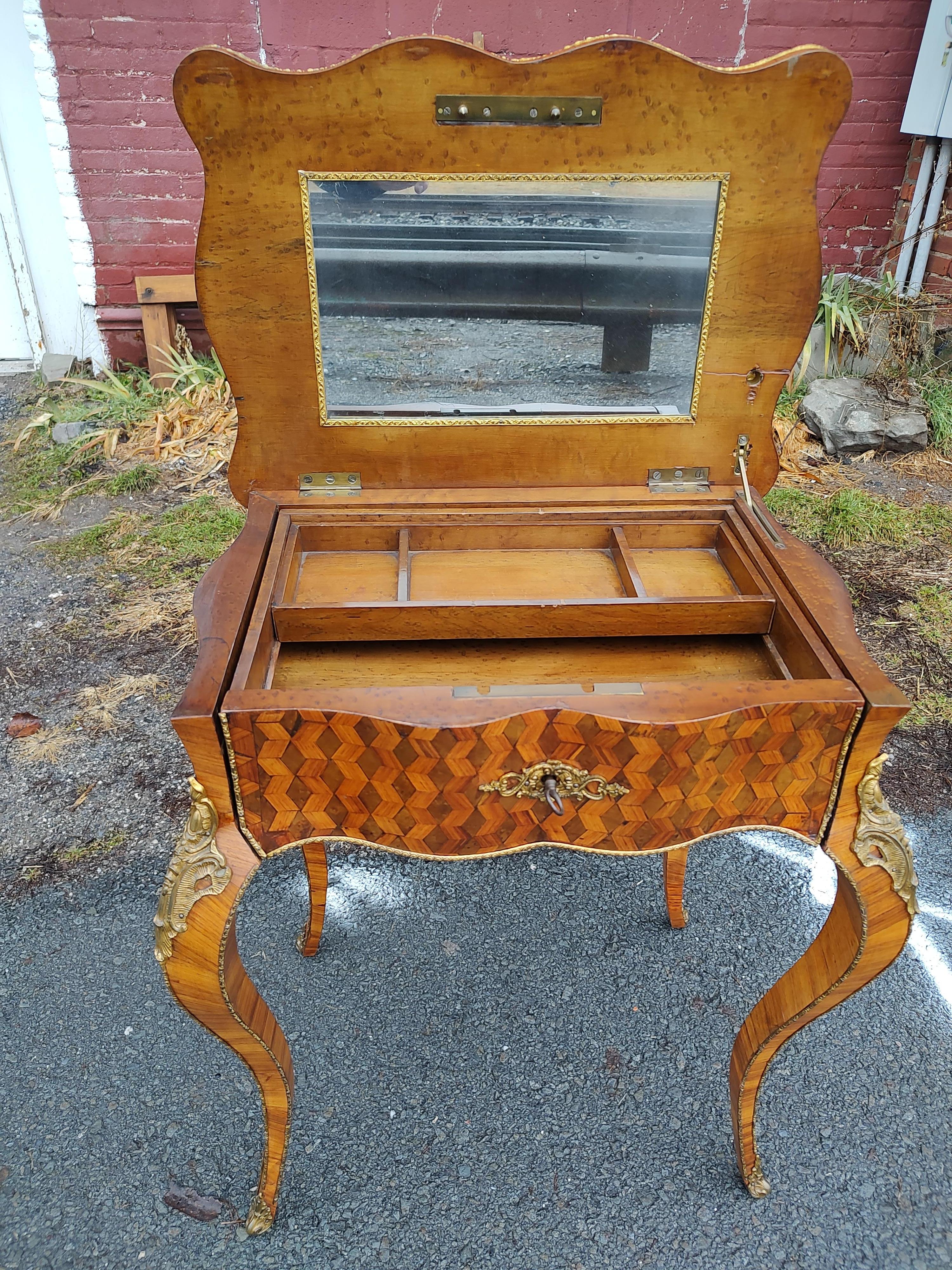 Mid Century Louis VIII Vanity, Flip Lid Mirror with Marquetry and Bronze Mounts For Sale 5