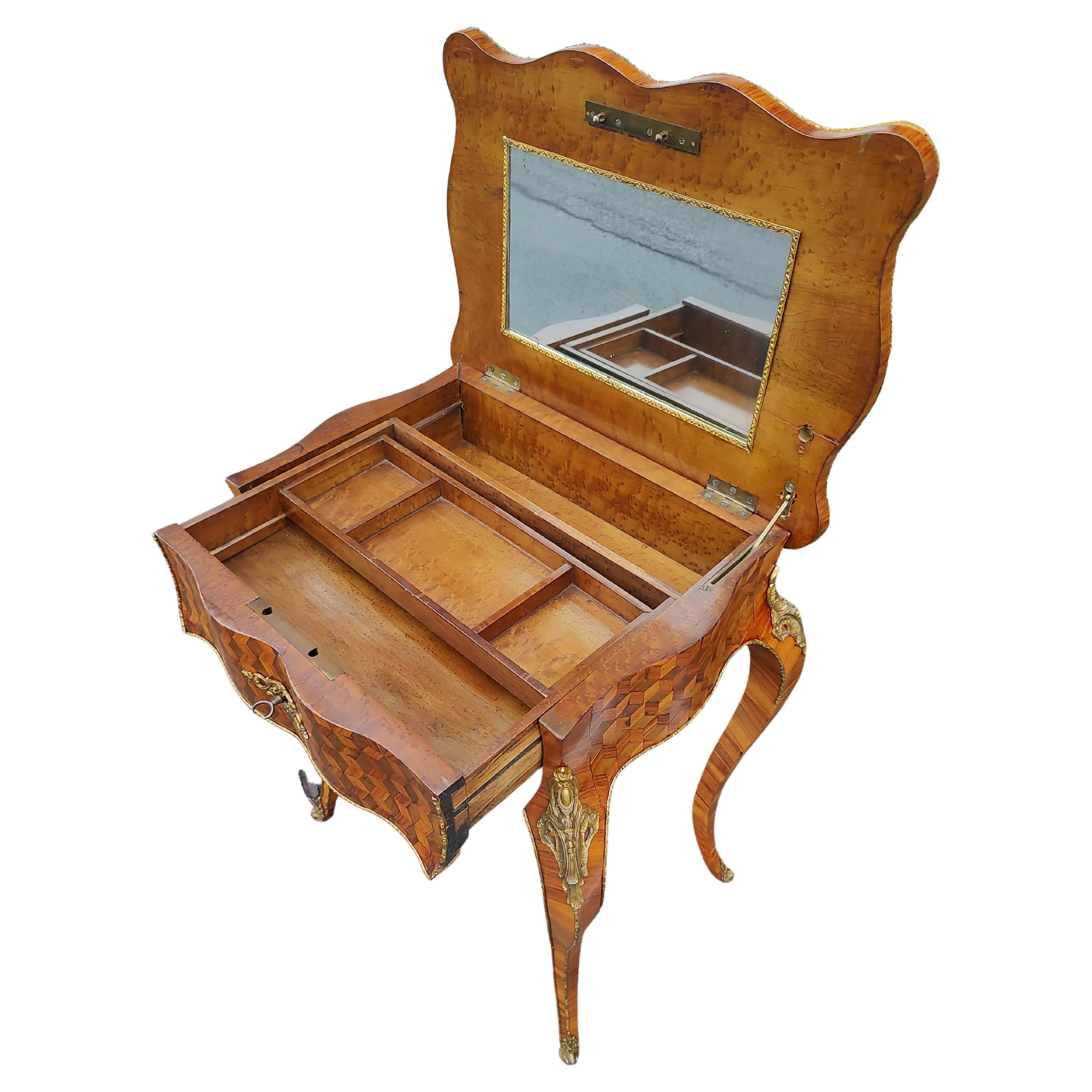 French Mid Century Louis VIII Vanity, Flip Lid Mirror with Marquetry and Bronze Mounts For Sale