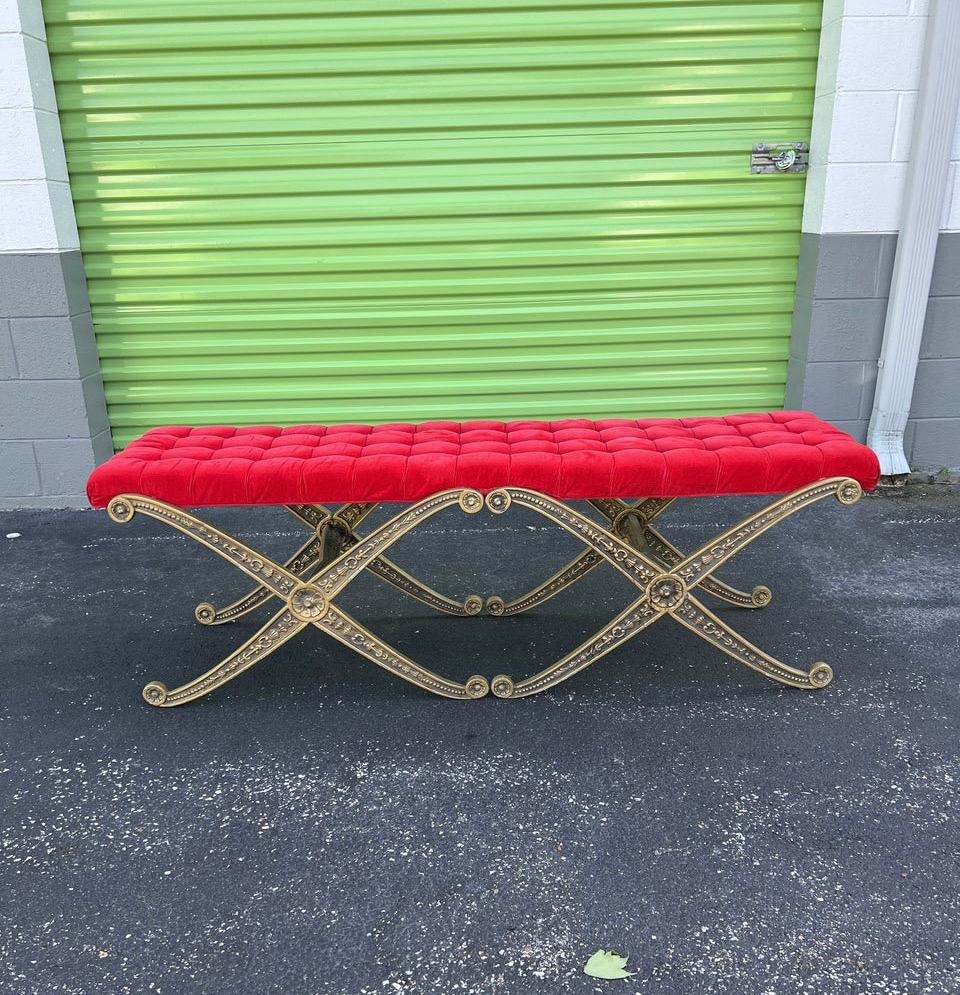 Mid-Century Louis XIV Style Gold  Double X Bench in Red Velvet 4