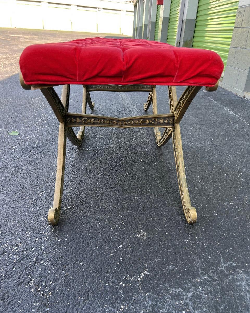 Gilt Mid-Century Louis XIV Style Gold  Double X Bench in Red Velvet